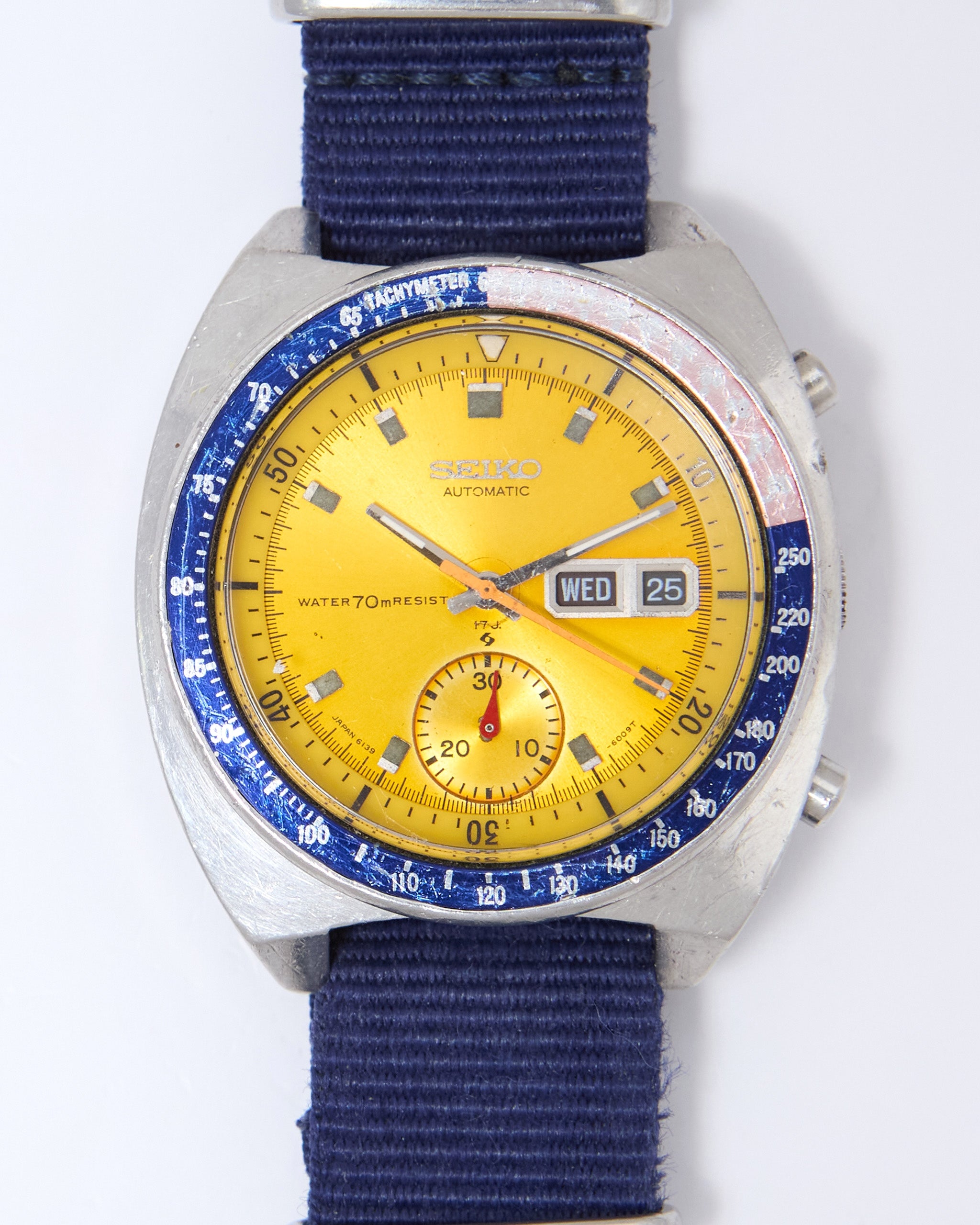 Seiko Pogue Chronograph 6139-6002 Automatic in Steel Case on Blue Nato Strap