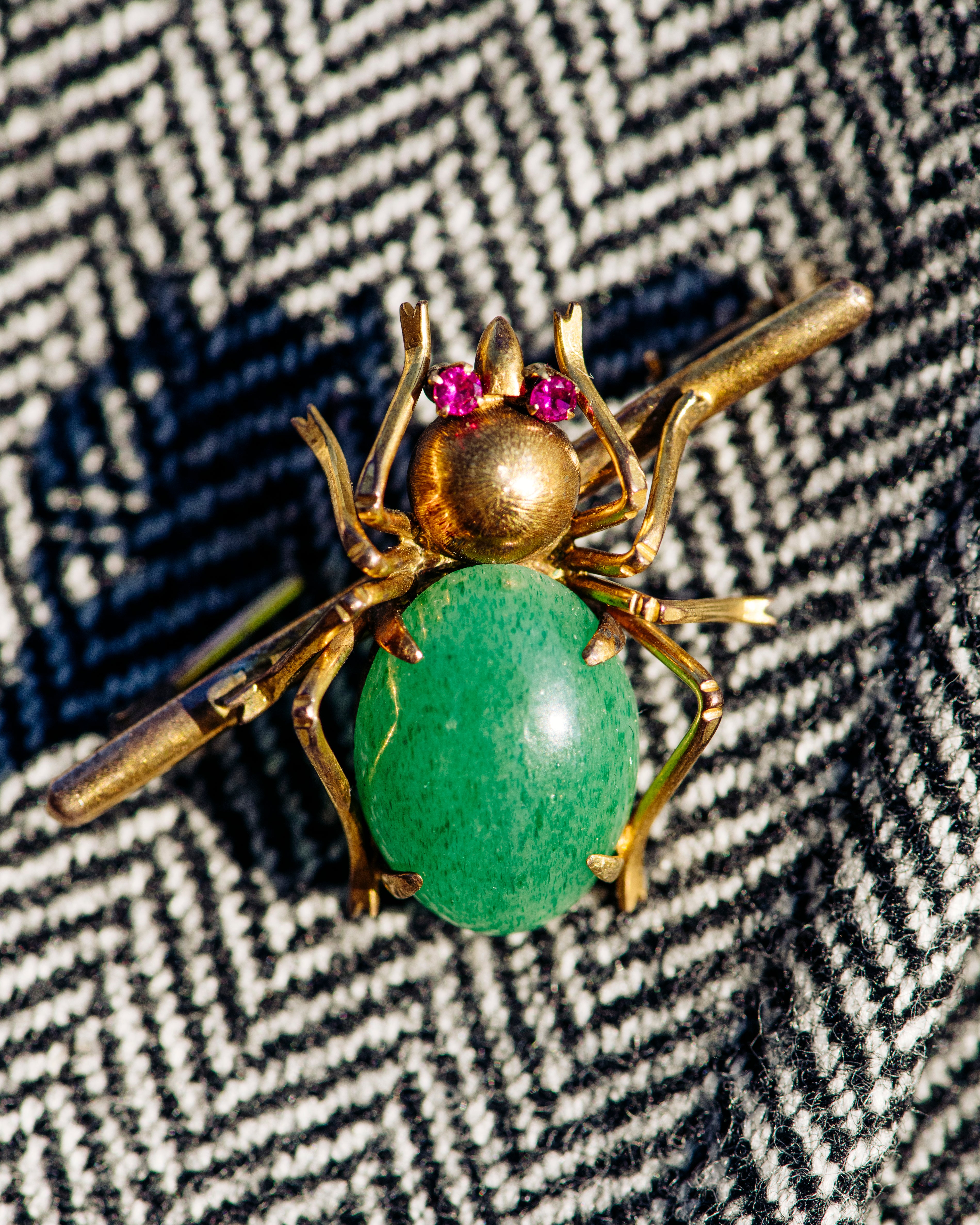 Gold Spider Pin with Aventurine and Ruby Accents