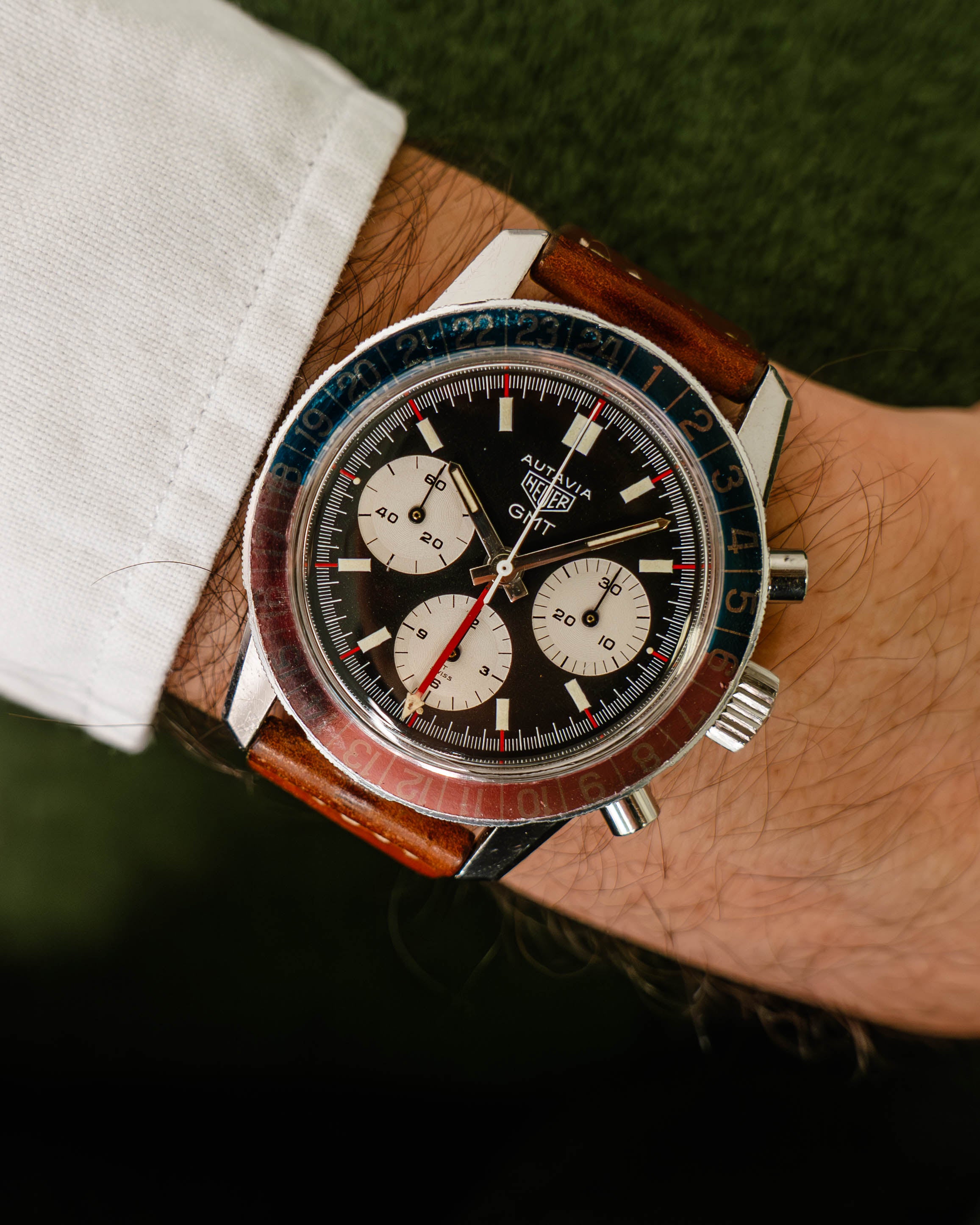 Heuer Autavia GMT Chronograph 2446C with Faded "Pepsi" Bezel in Steel Case on Leather Strap and Buckle