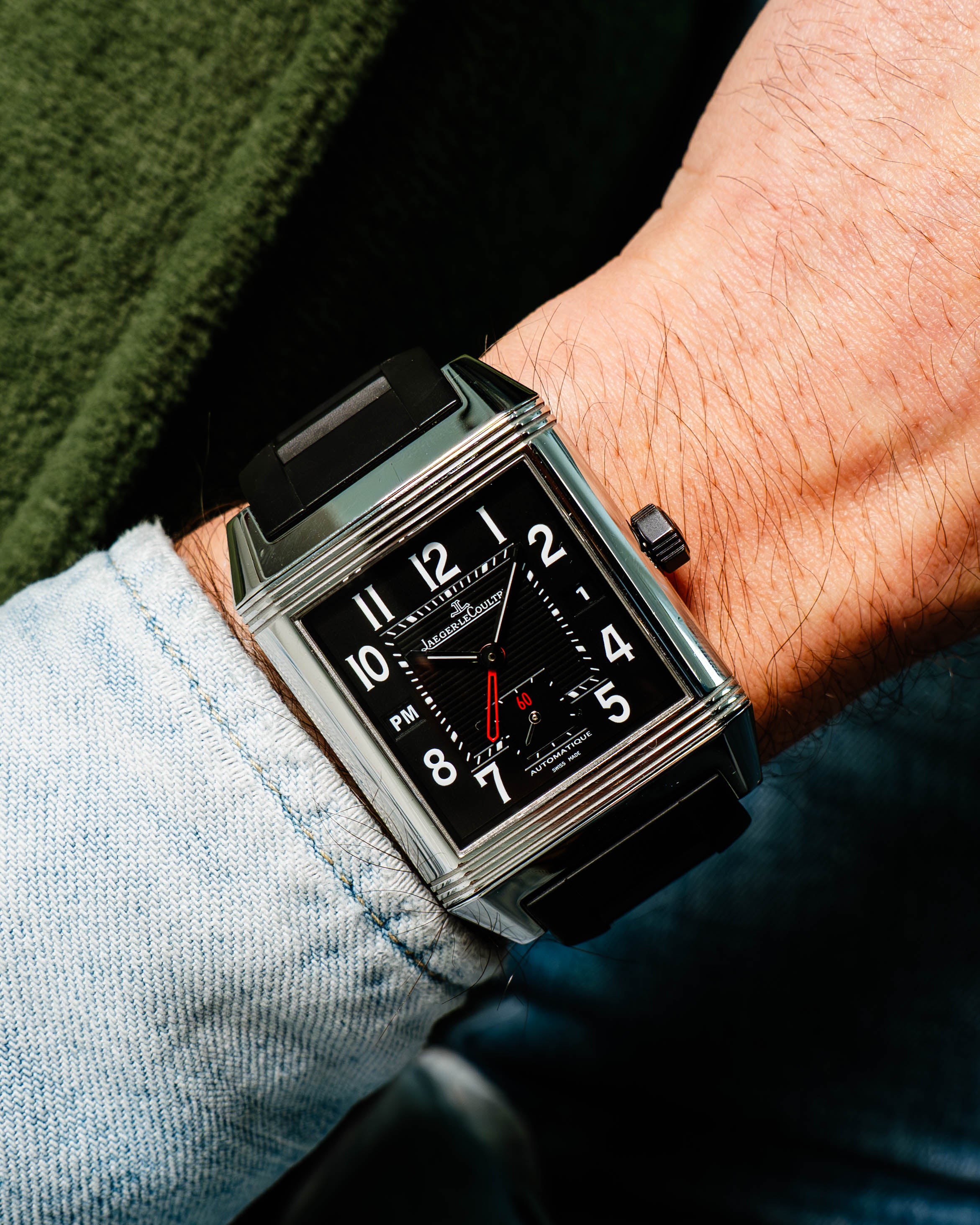 Jaeger-LeCoultre Reverso Squadra Hometime 230.8.77 Automatic in Steel Case on Rubber Bracelet