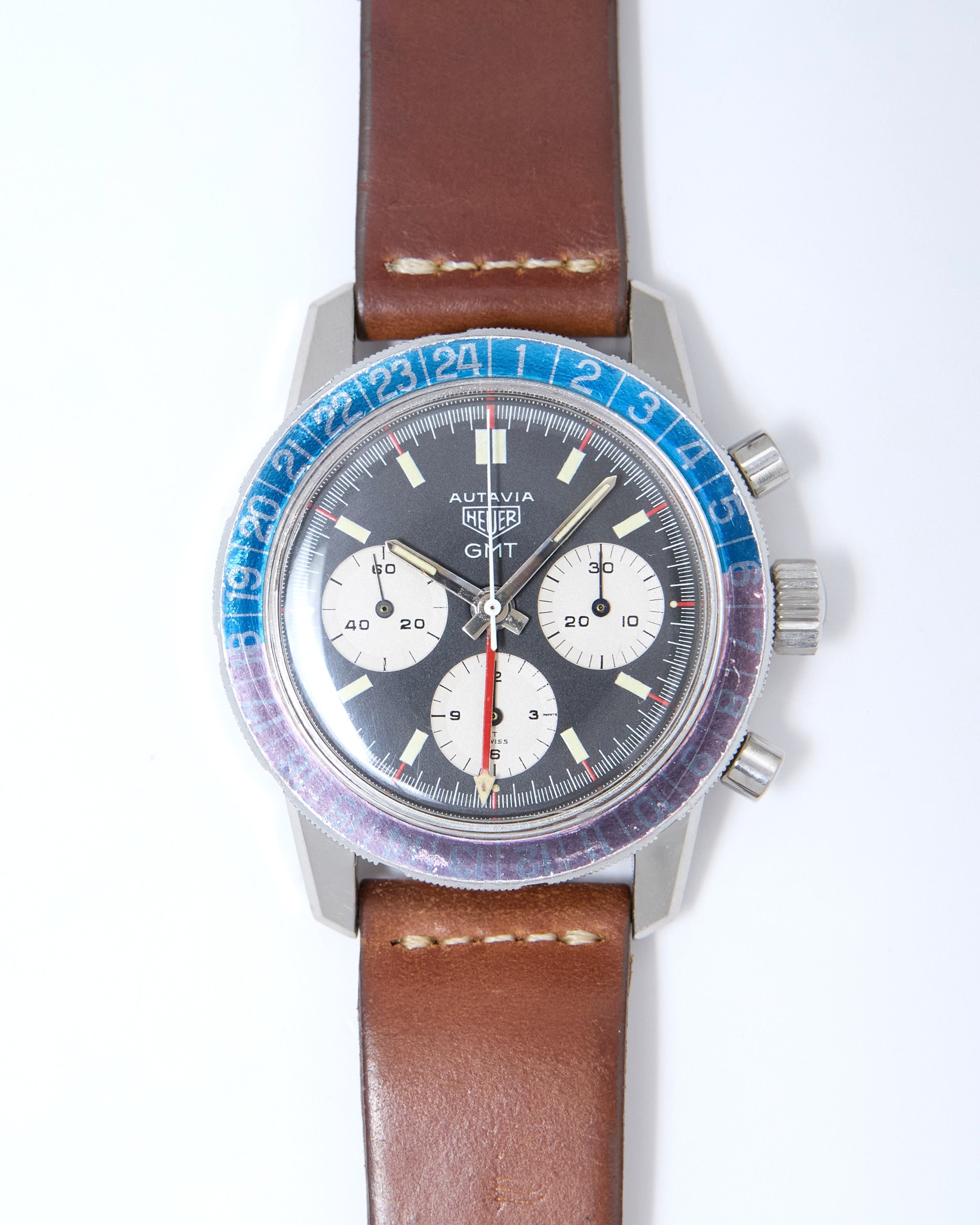 Heuer Autavia GMT Chronograph 2446C with Faded "Pepsi" Bezel in Steel Case on Leather Strap and Buckle