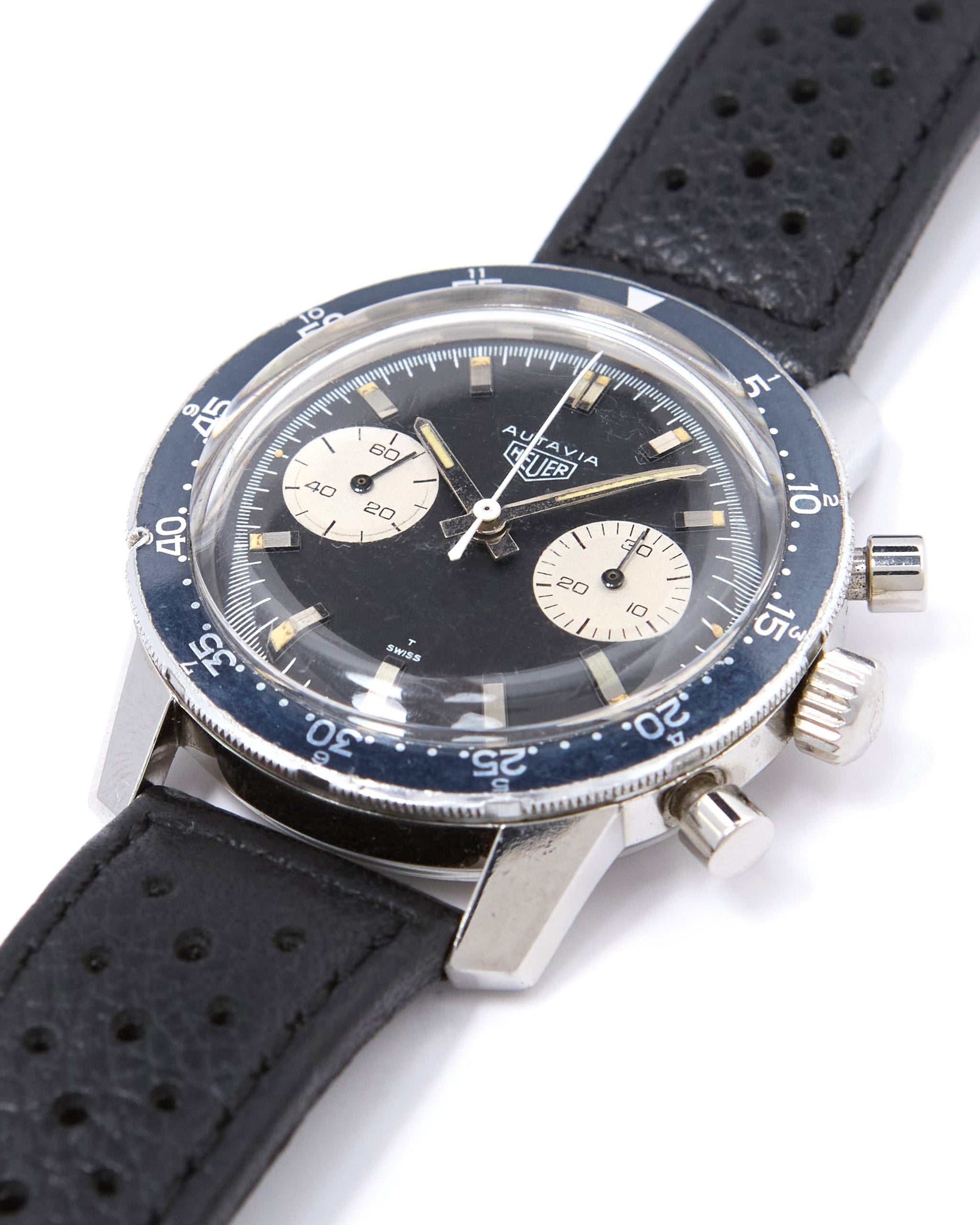 Heuer Autavia Chronograph 7763 Faded Black Bezel in Steel Case on Leather Strap with Heuer Buckle