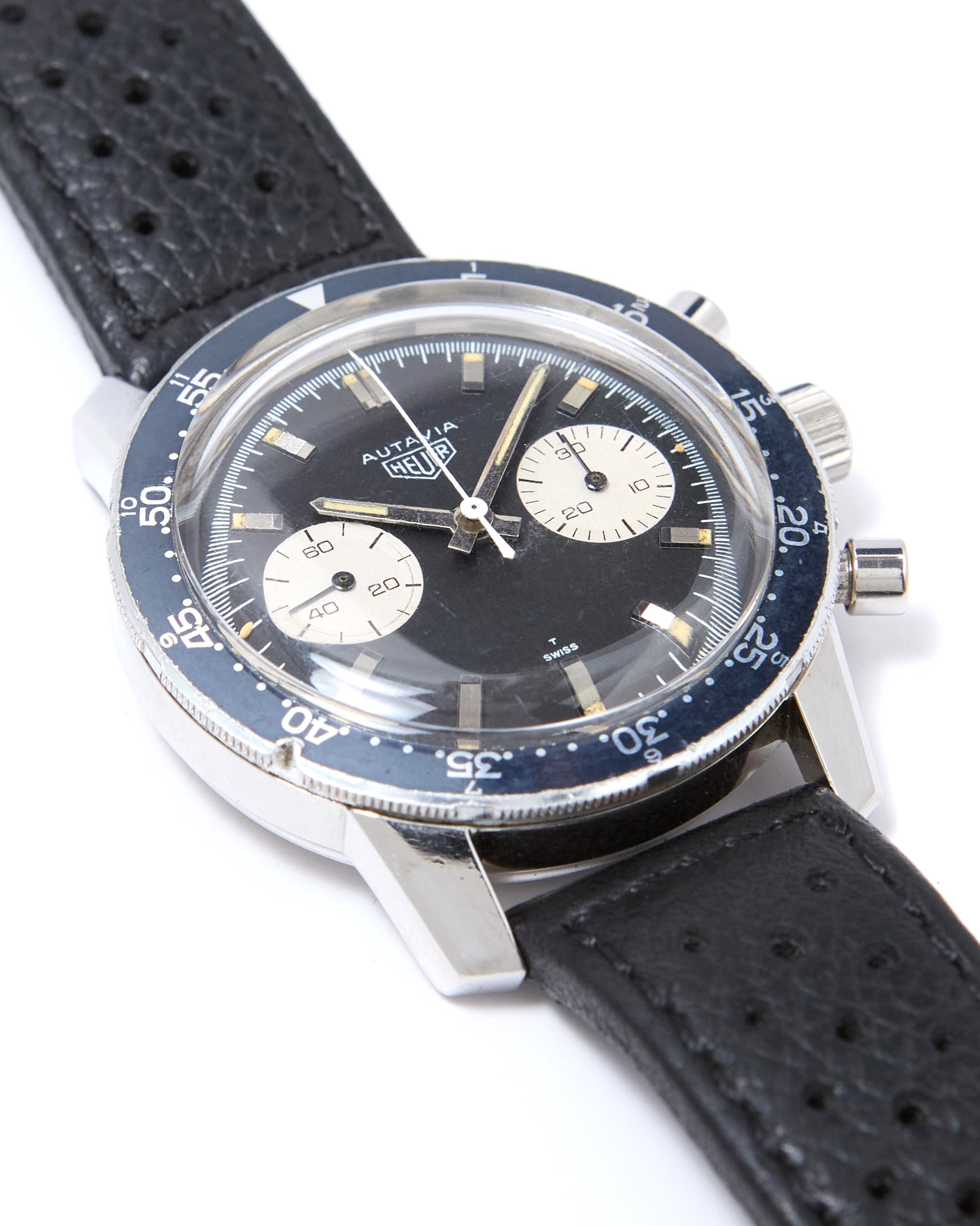 Heuer Autavia Chronograph 7763 Faded Black Bezel in Steel Case on Leather Strap with Heuer Buckle