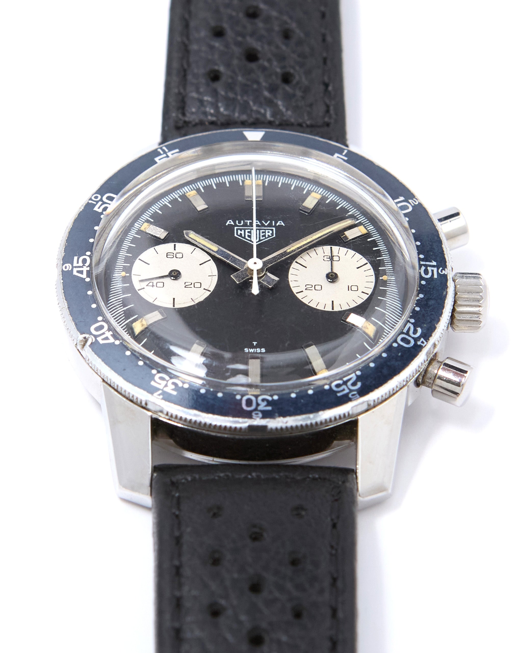 Heuer Autavia Chronograph 7763 Faded Black Bezel in Steel Case on Leather Strap with Heuer Buckle