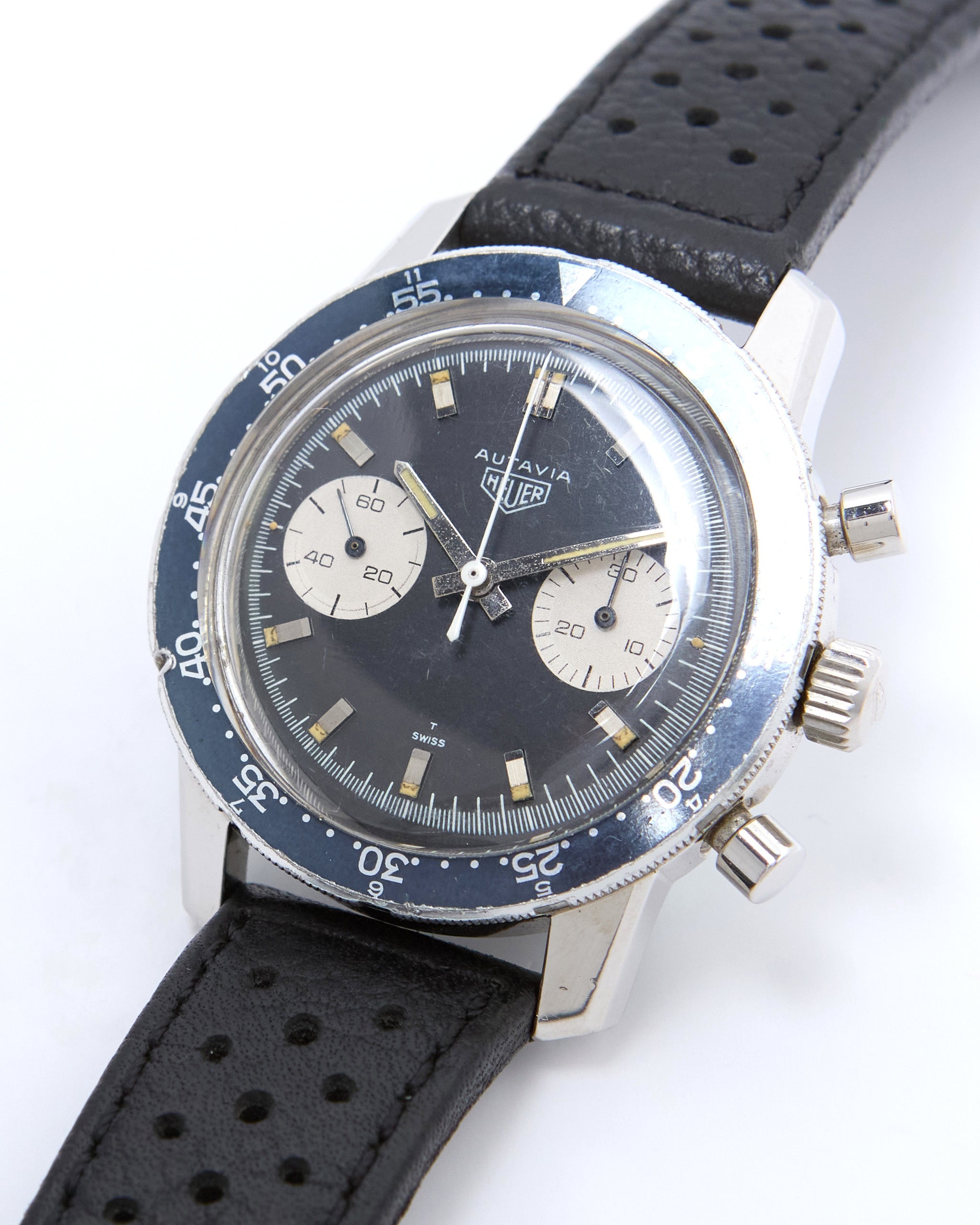Heuer Autavia Chronograph 7763 Faded Black Bezel in Steel Case on Leather Strap with Heuer Buckle