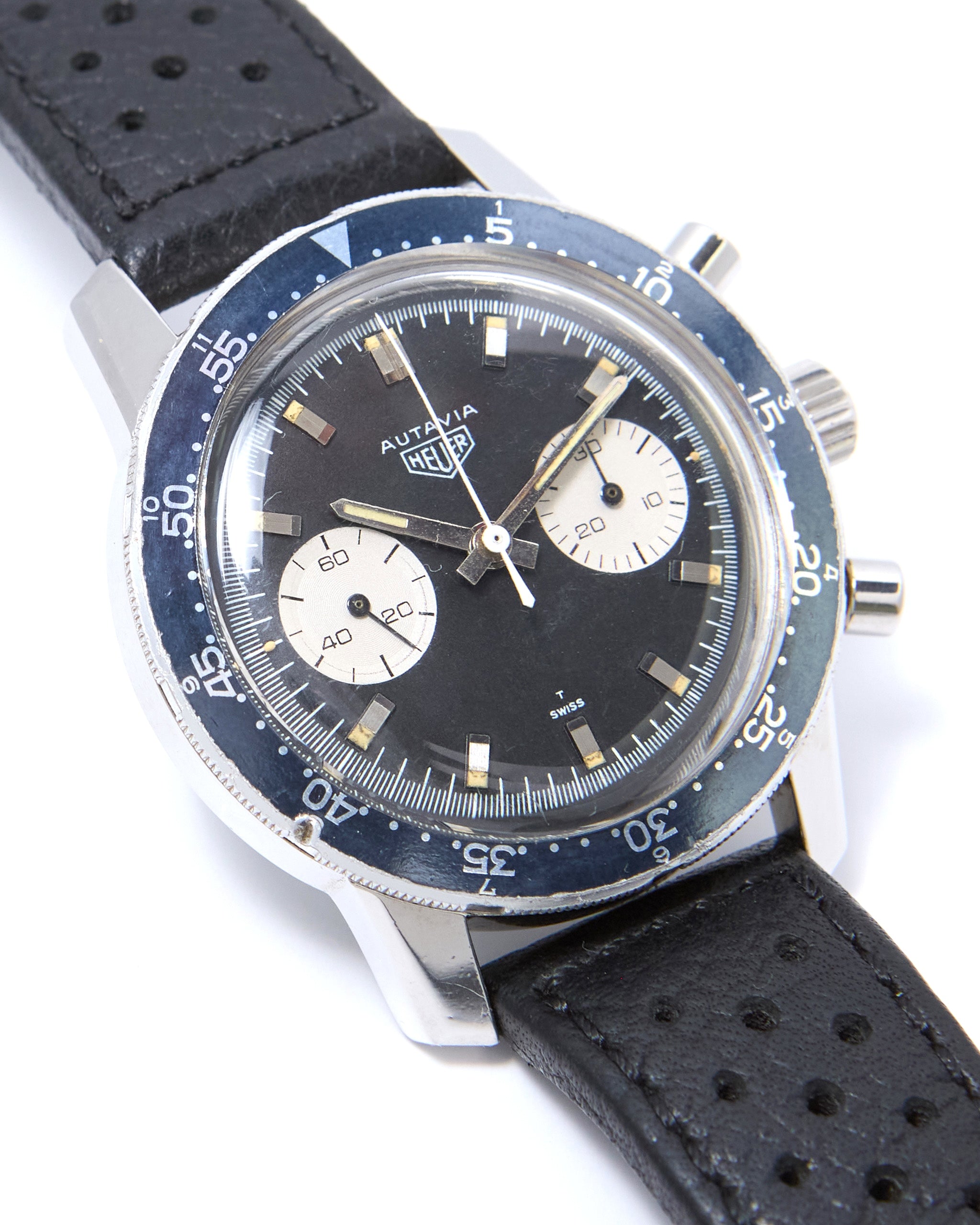 Heuer Autavia Chronograph 7763 Faded Black Bezel in Steel Case on Leather Strap with Heuer Buckle