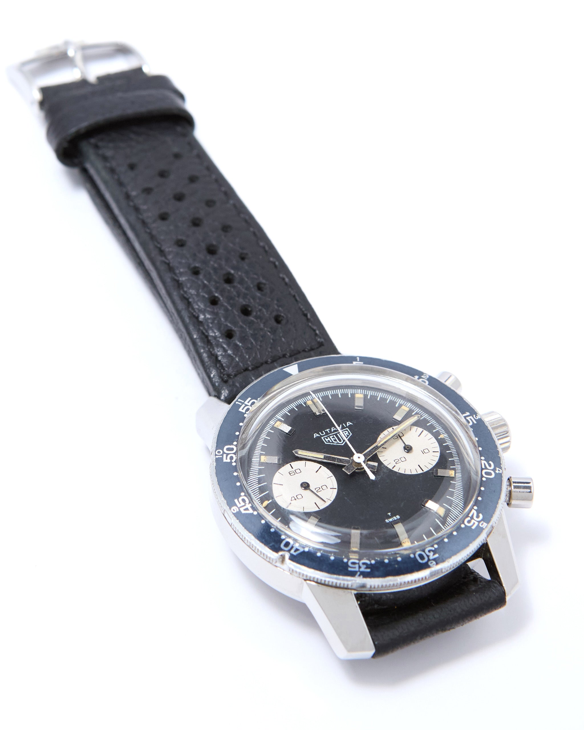Heuer Autavia Chronograph 7763 Faded Black Bezel in Steel Case on Leather Strap with Heuer Buckle
