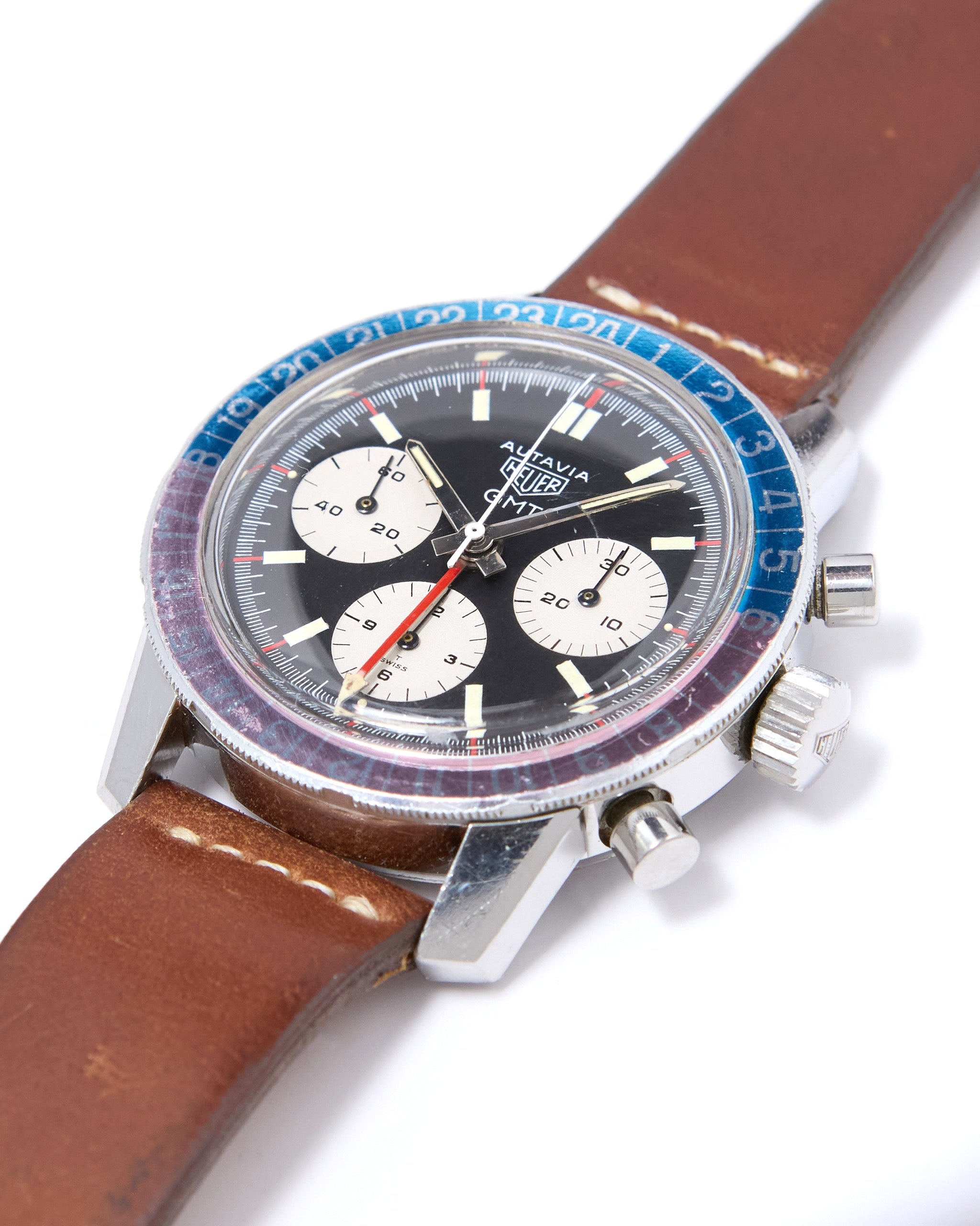 Heuer Autavia GMT Chronograph 2446C with Faded "Pepsi" Bezel in Steel Case on Leather Strap and Buckle