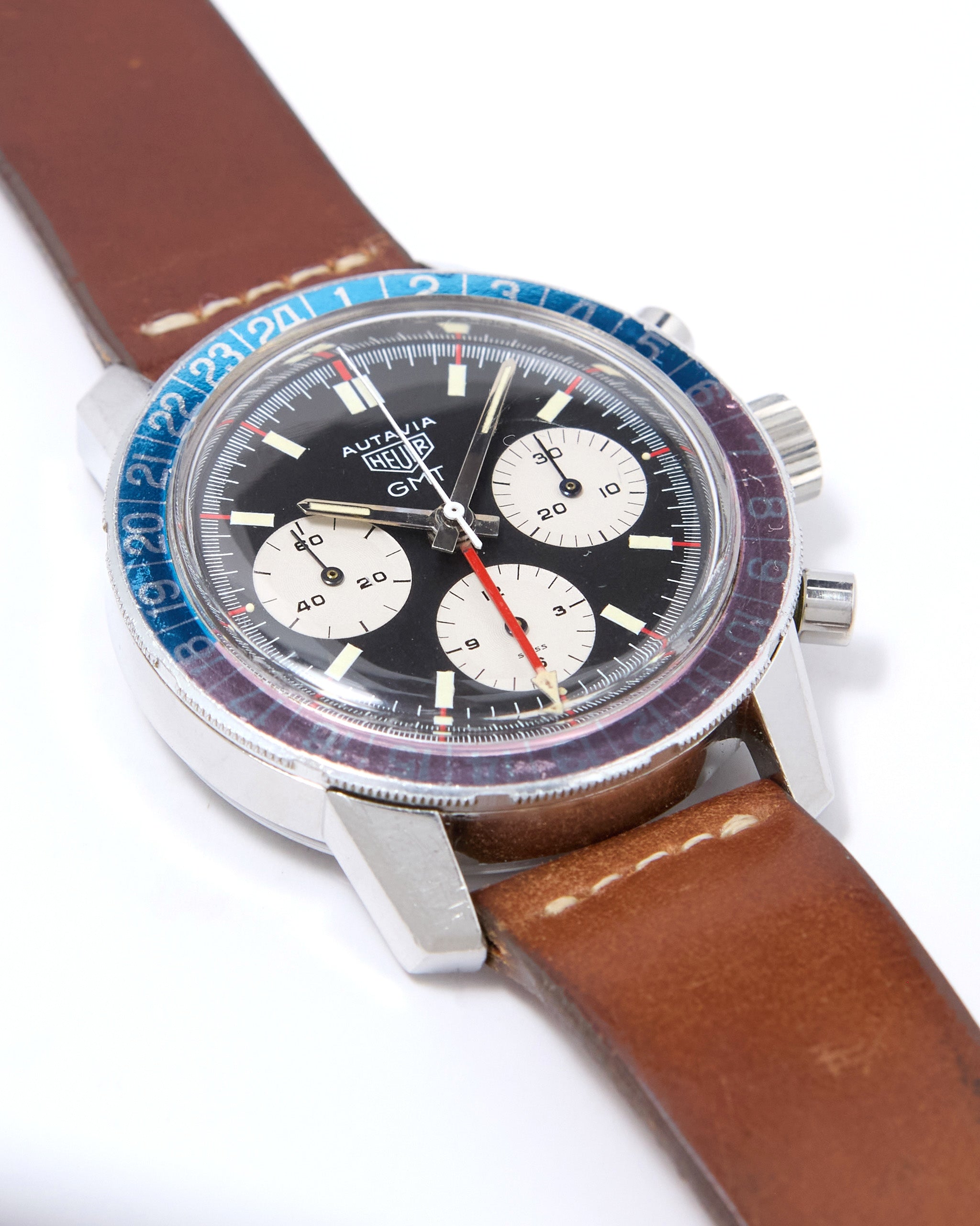Heuer Autavia GMT Chronograph 2446C with Faded "Pepsi" Bezel in Steel Case on Leather Strap and Buckle