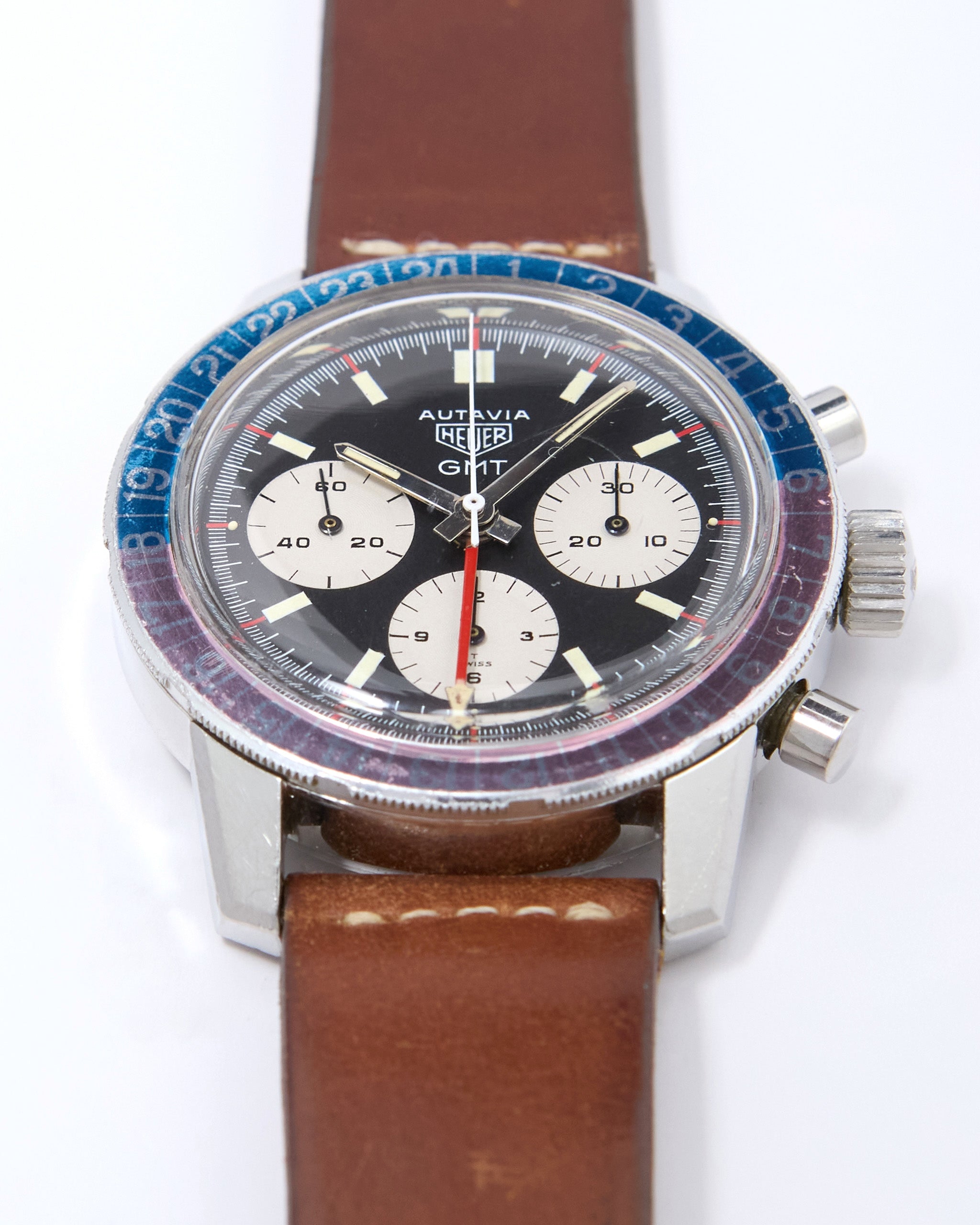 Heuer Autavia GMT Chronograph 2446C with Faded "Pepsi" Bezel in Steel Case on Leather Strap and Buckle