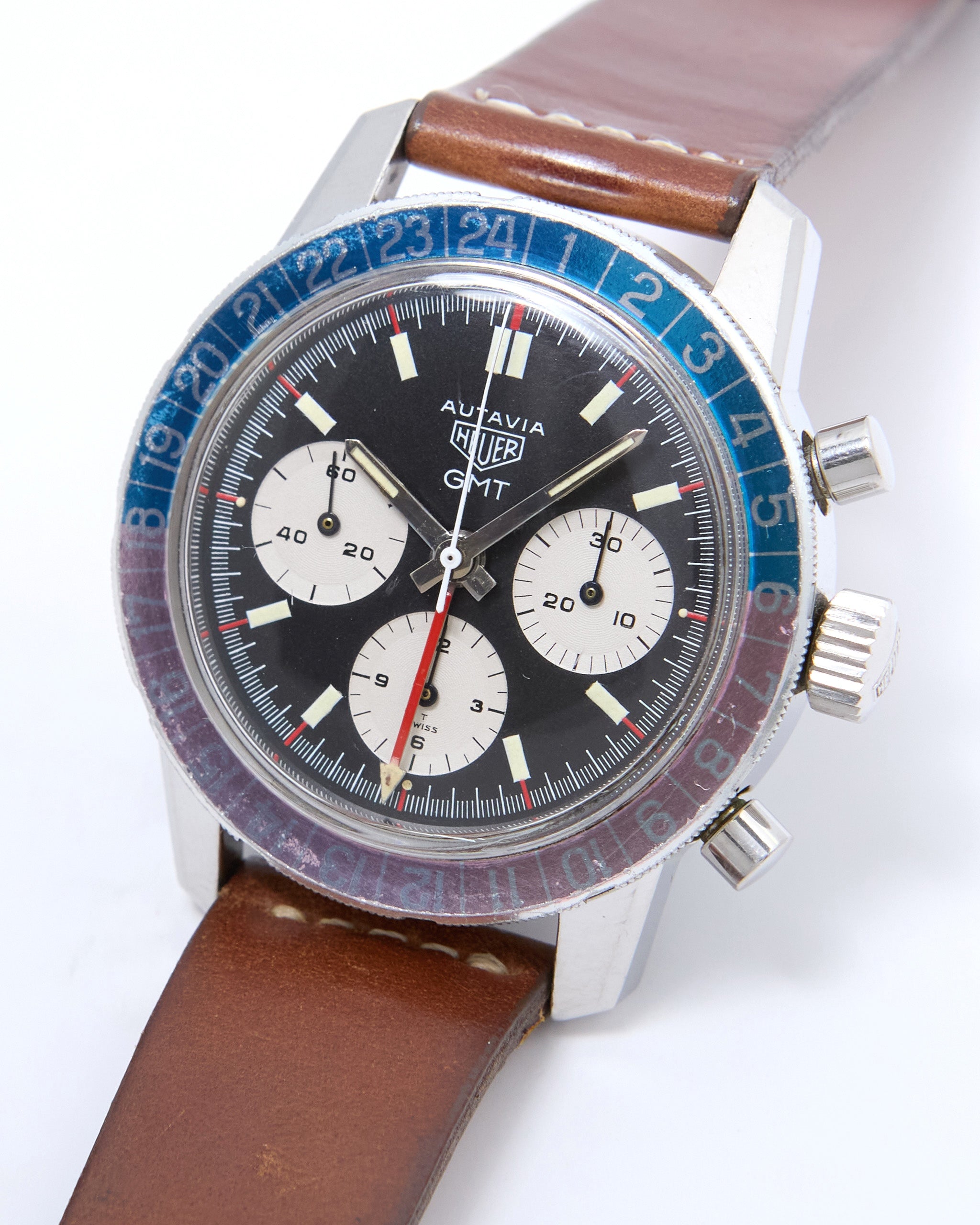 Heuer Autavia GMT Chronograph 2446C with Faded "Pepsi" Bezel in Steel Case on Leather Strap and Buckle