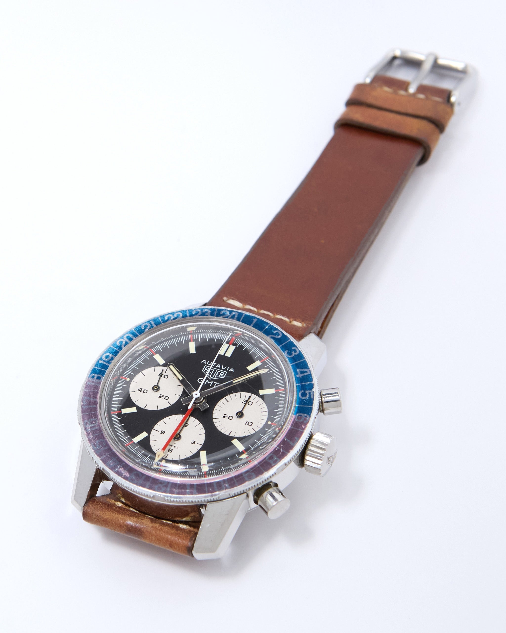 Heuer Autavia GMT Chronograph 2446C with Faded "Pepsi" Bezel in Steel Case on Leather Strap and Buckle