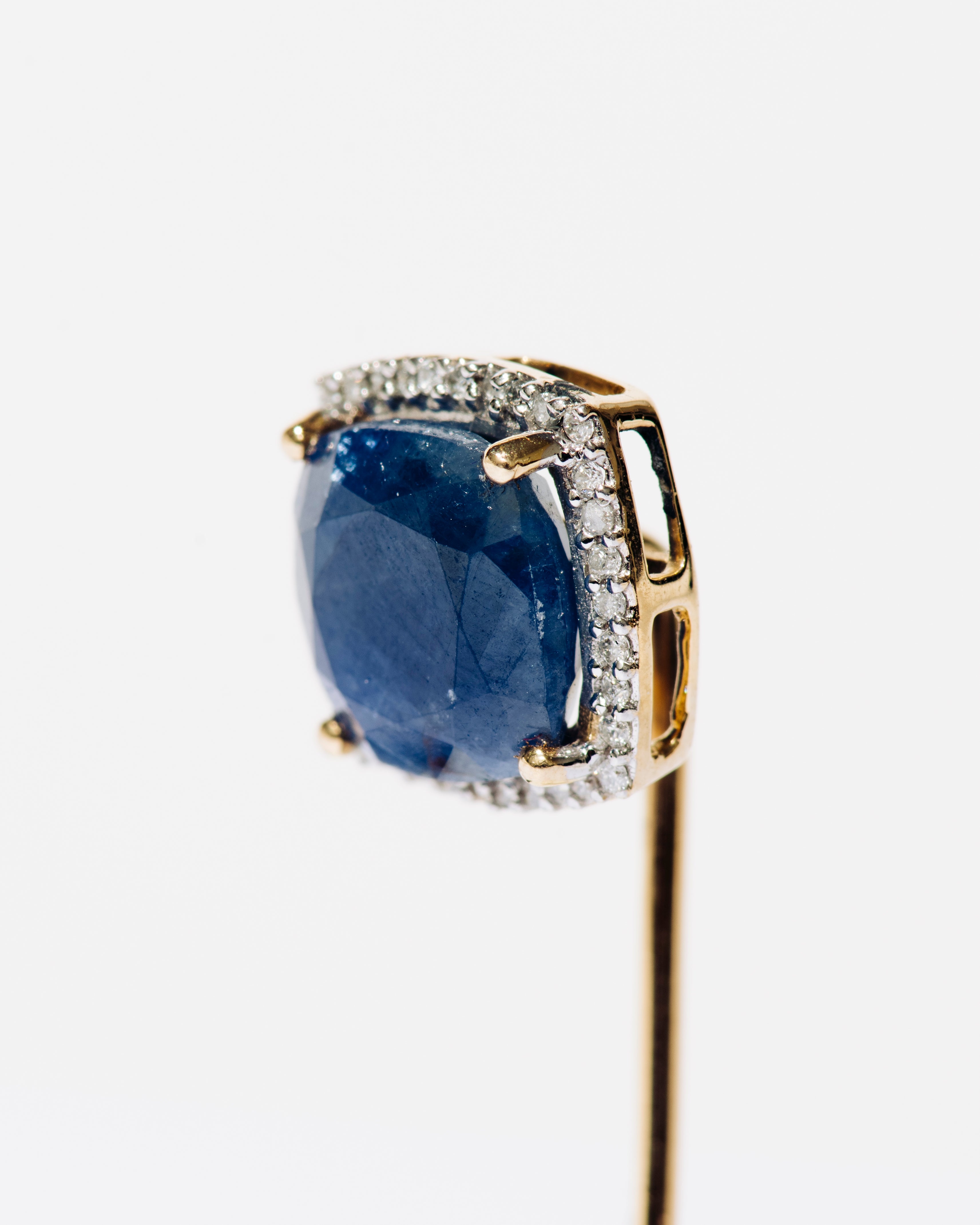 Gold Stick Pin with Sapphire and Diamond Halo