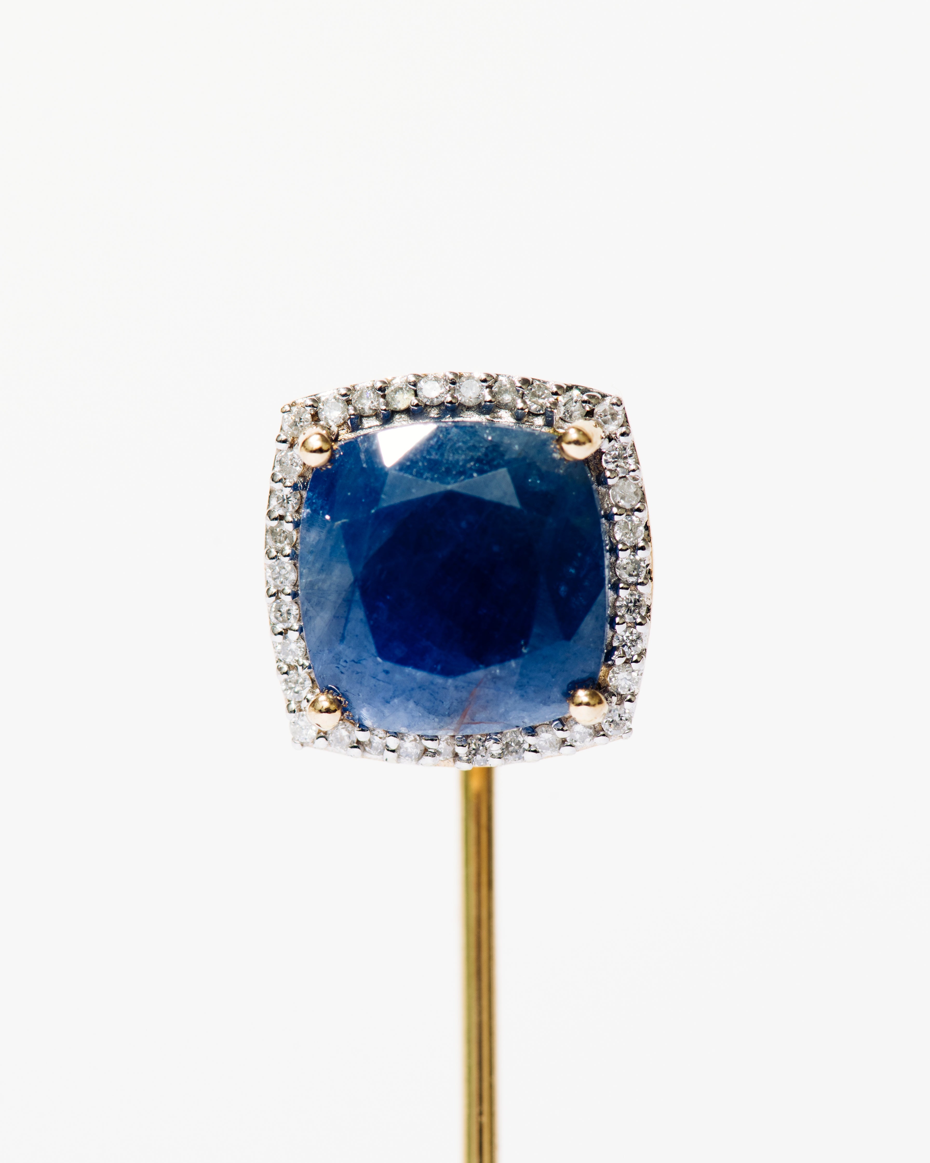 Gold Stick Pin with Sapphire and Diamond Halo