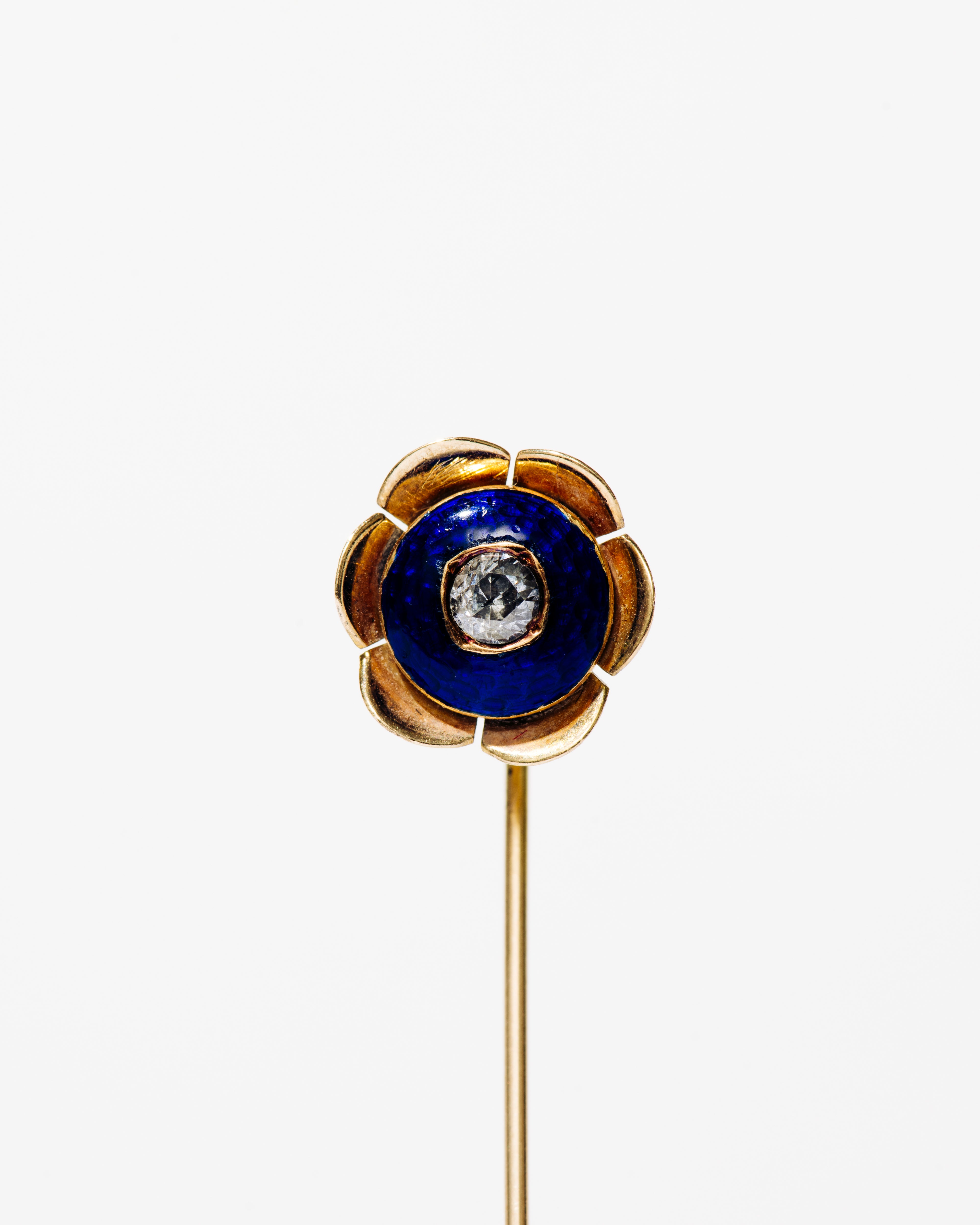Enamel & Diamond Gold Flower Stick Pin