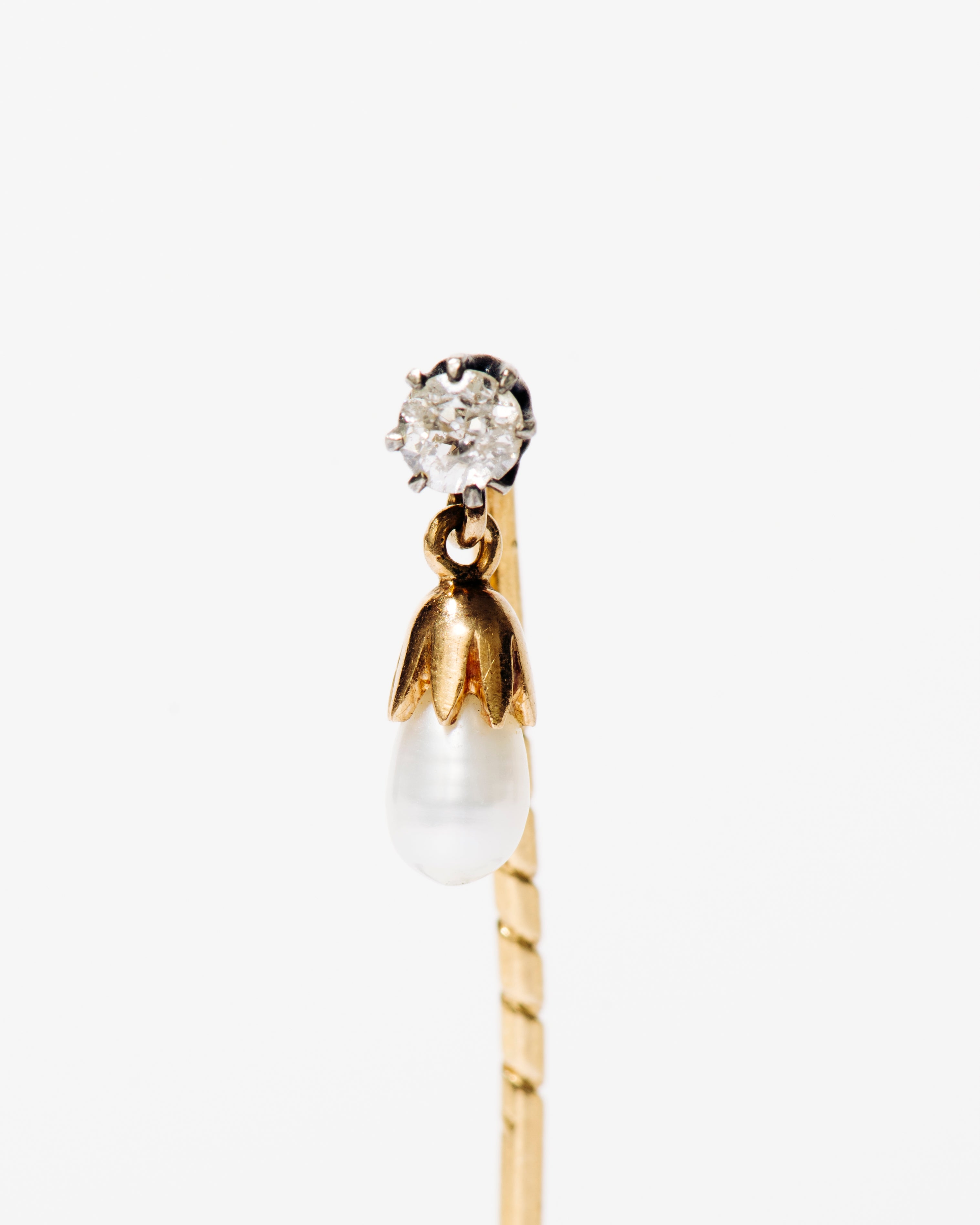Diamond and Pearl Drop Gold Stick Pin
