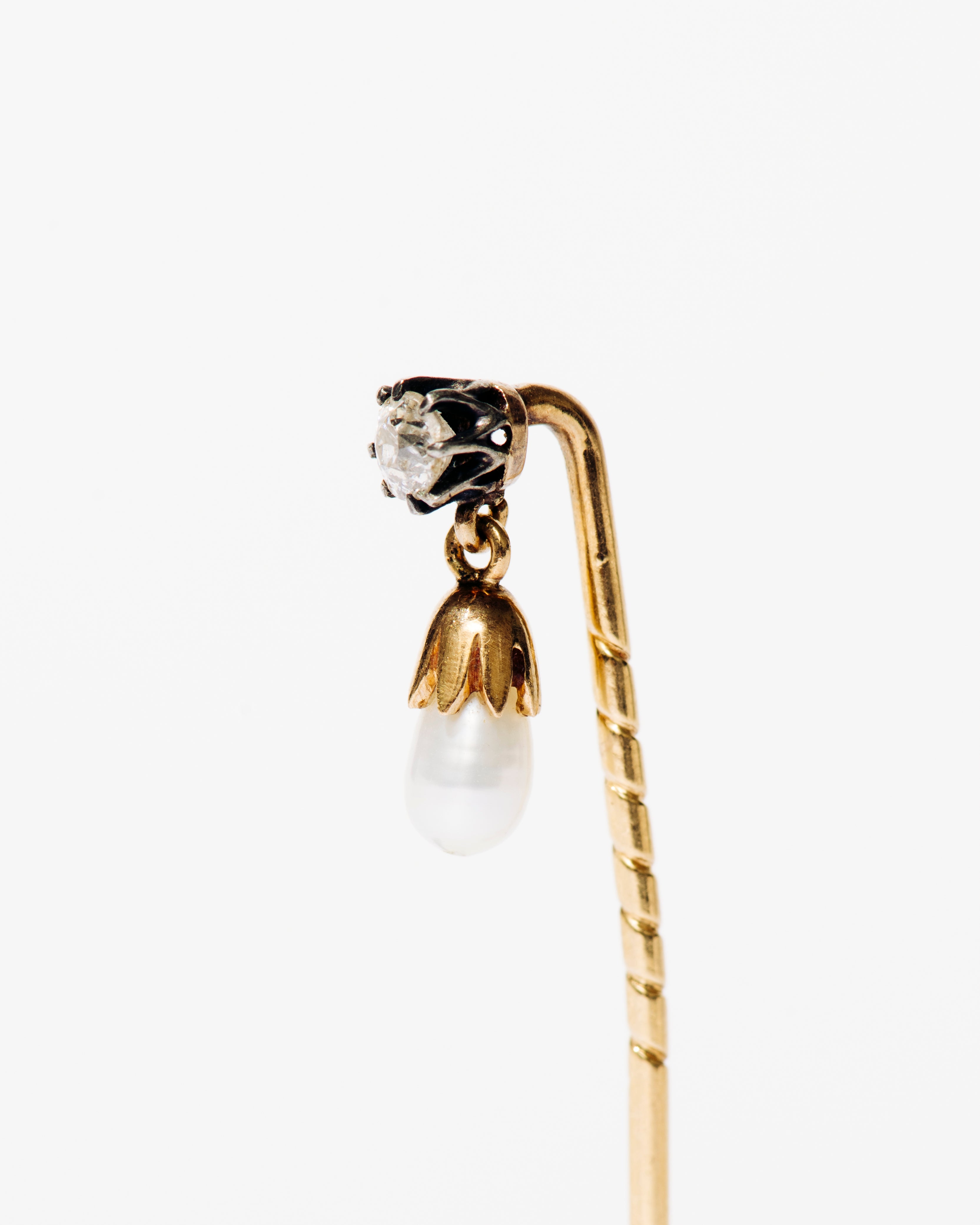 Diamond and Pearl Drop Gold Stick Pin