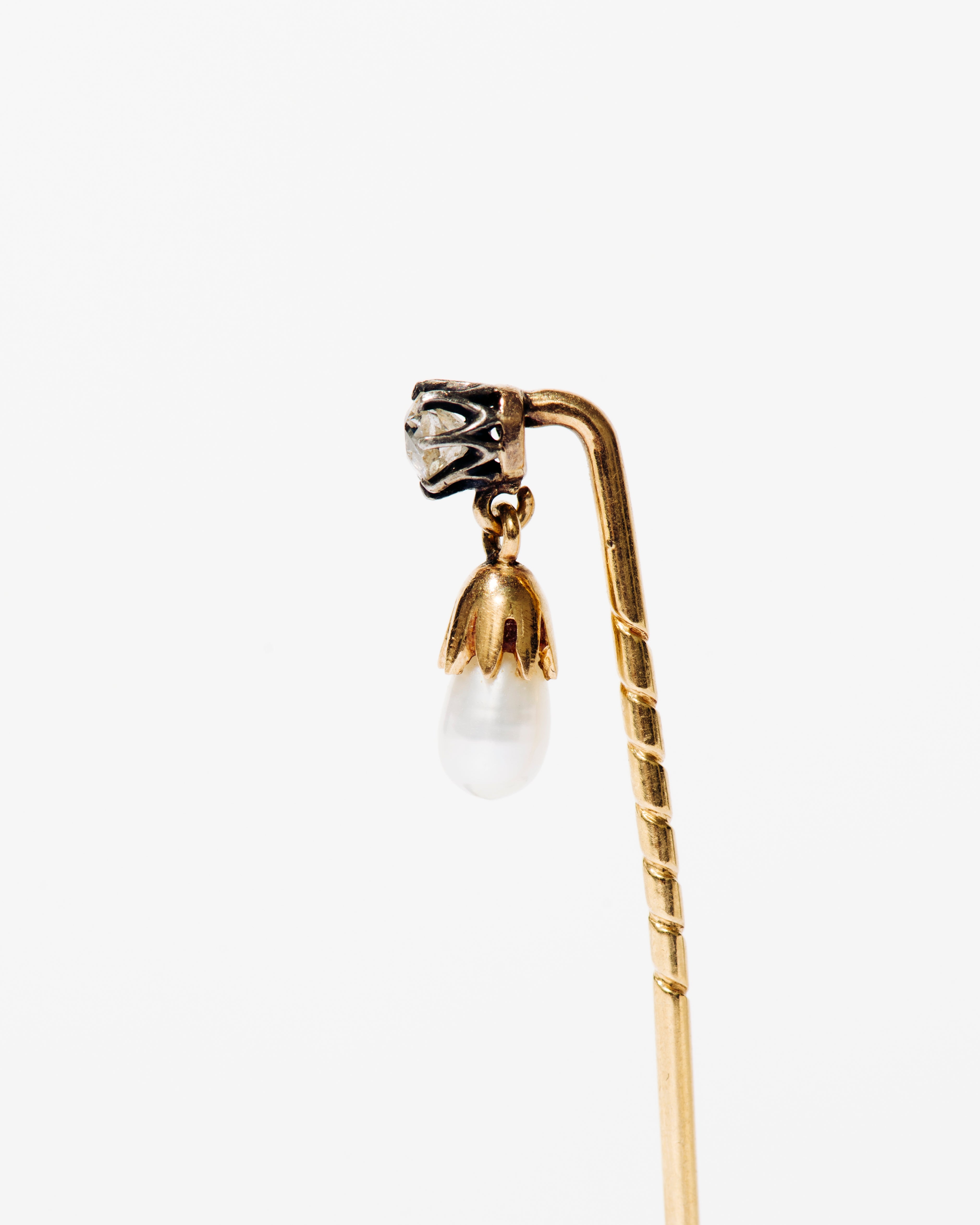 Diamond and Pearl Drop Gold Stick Pin