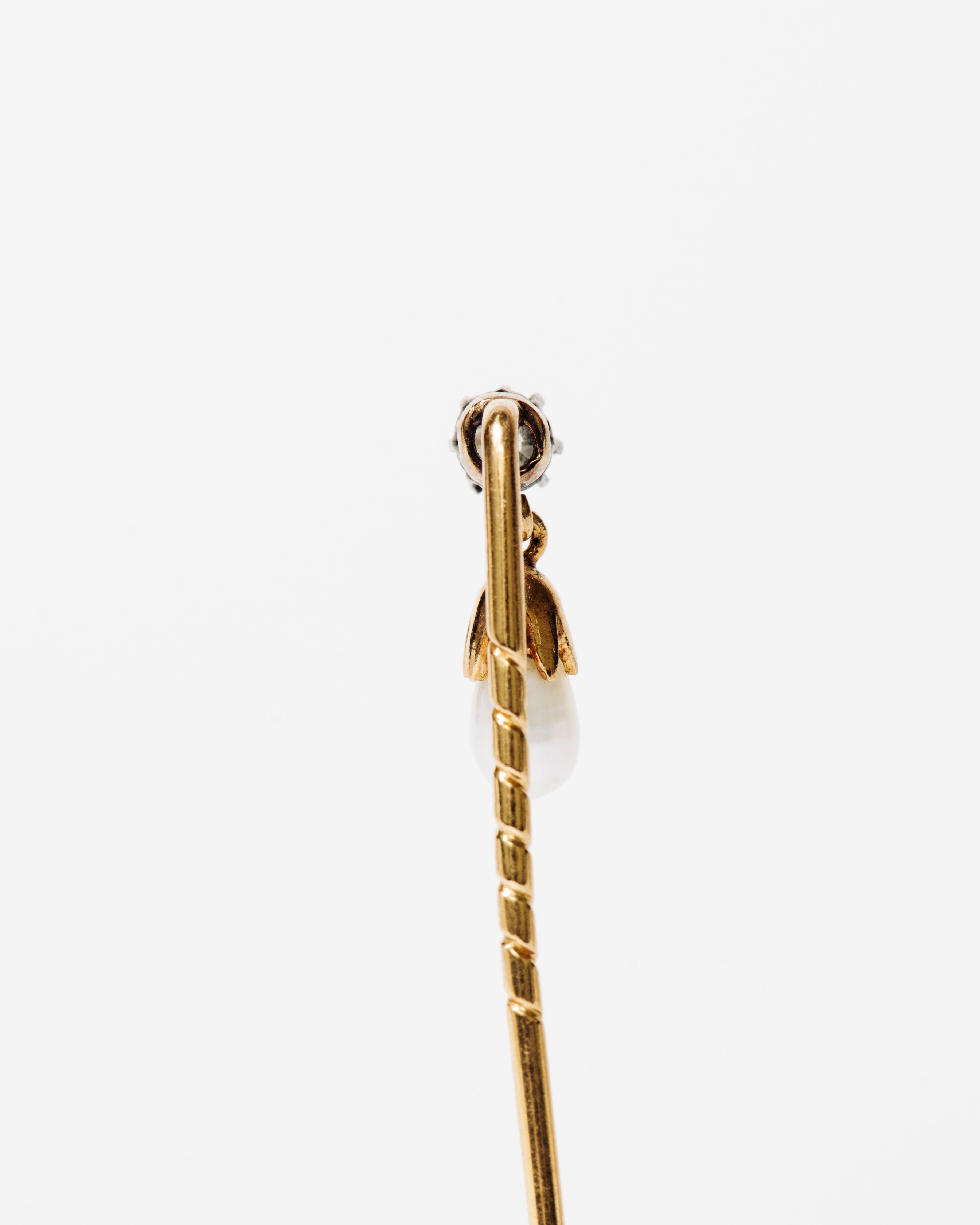 Diamond and Pearl Drop Gold Stick Pin
