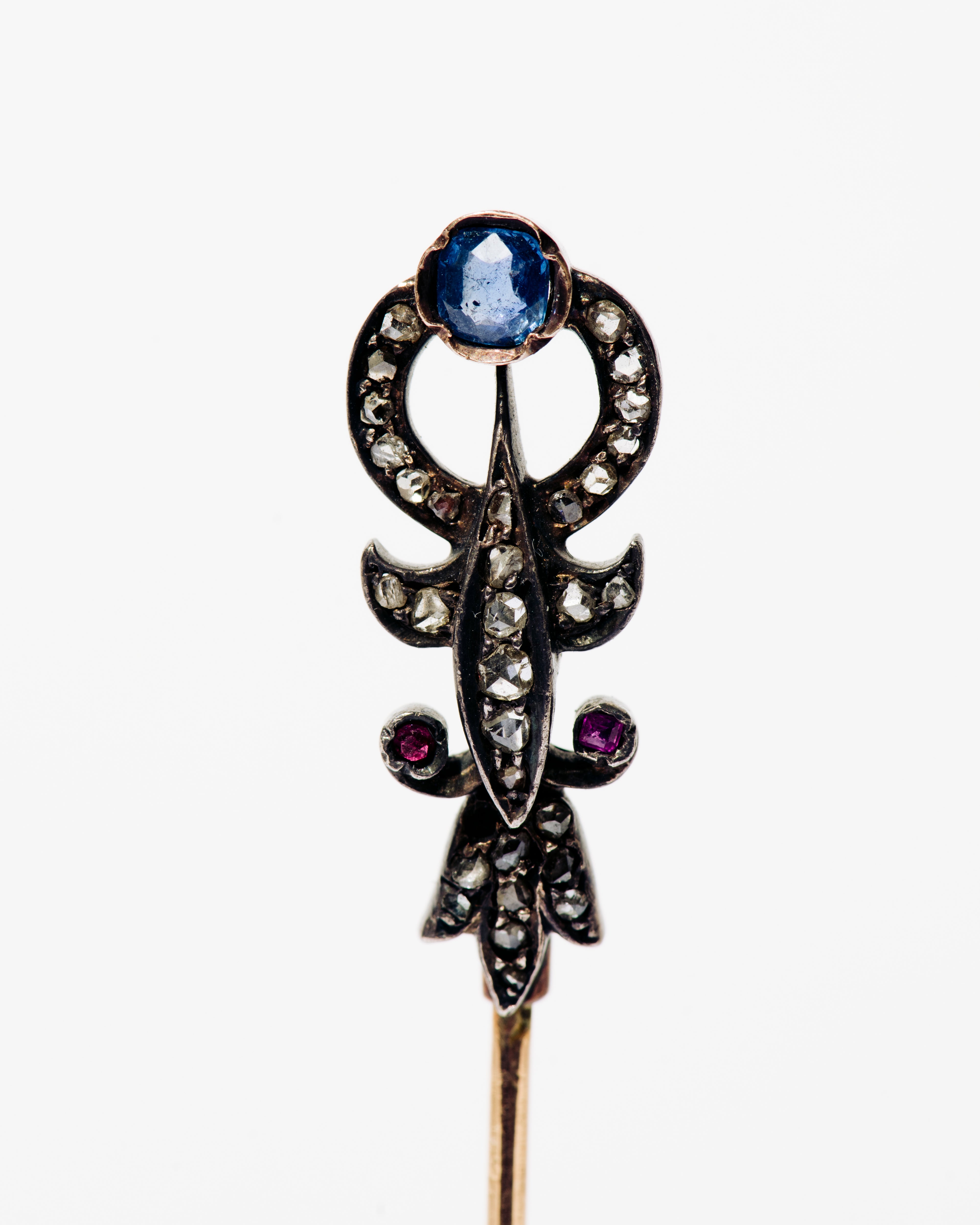 Sapphire, Ruby, and Diamond Ribbon Motif Hat Pin