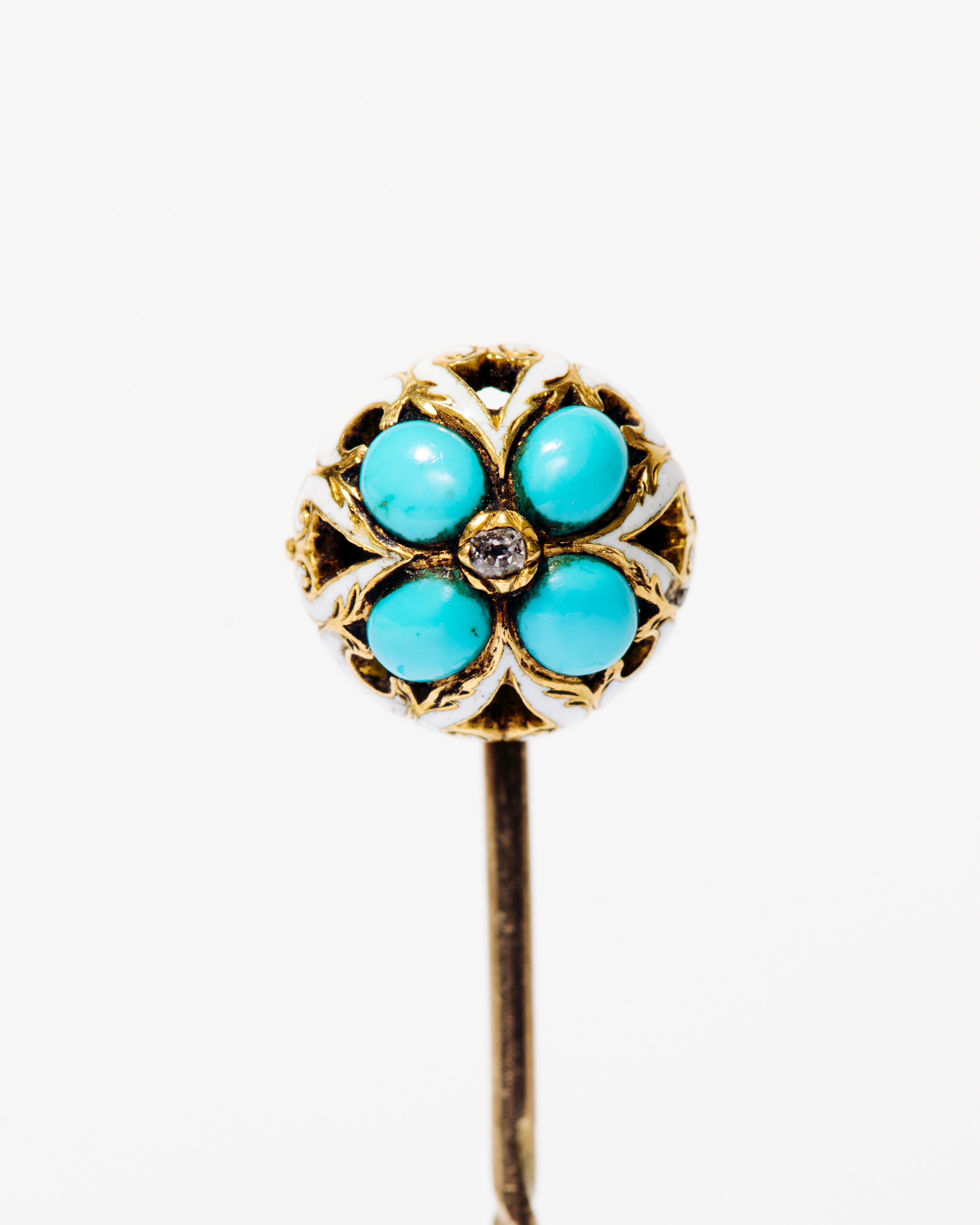 Turquoise, Diamond, and Enamel Floral Stick Pin