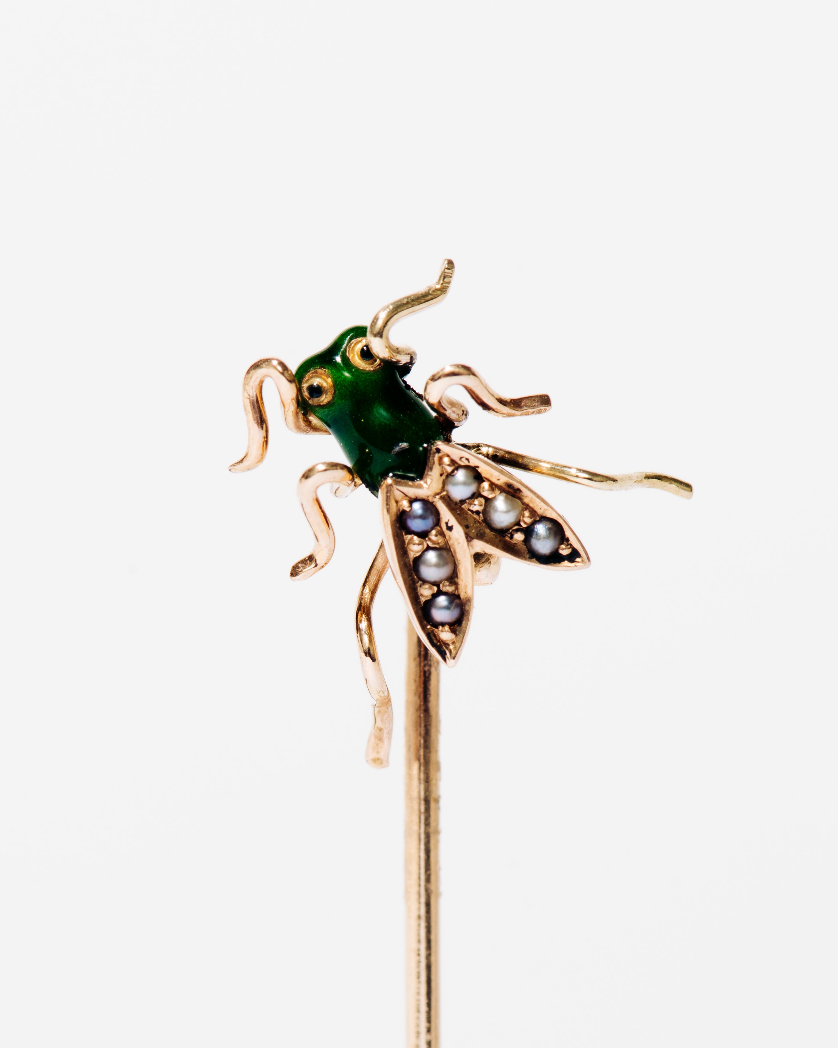 Green Enamel and Pearl Winged Insect Stick Pin