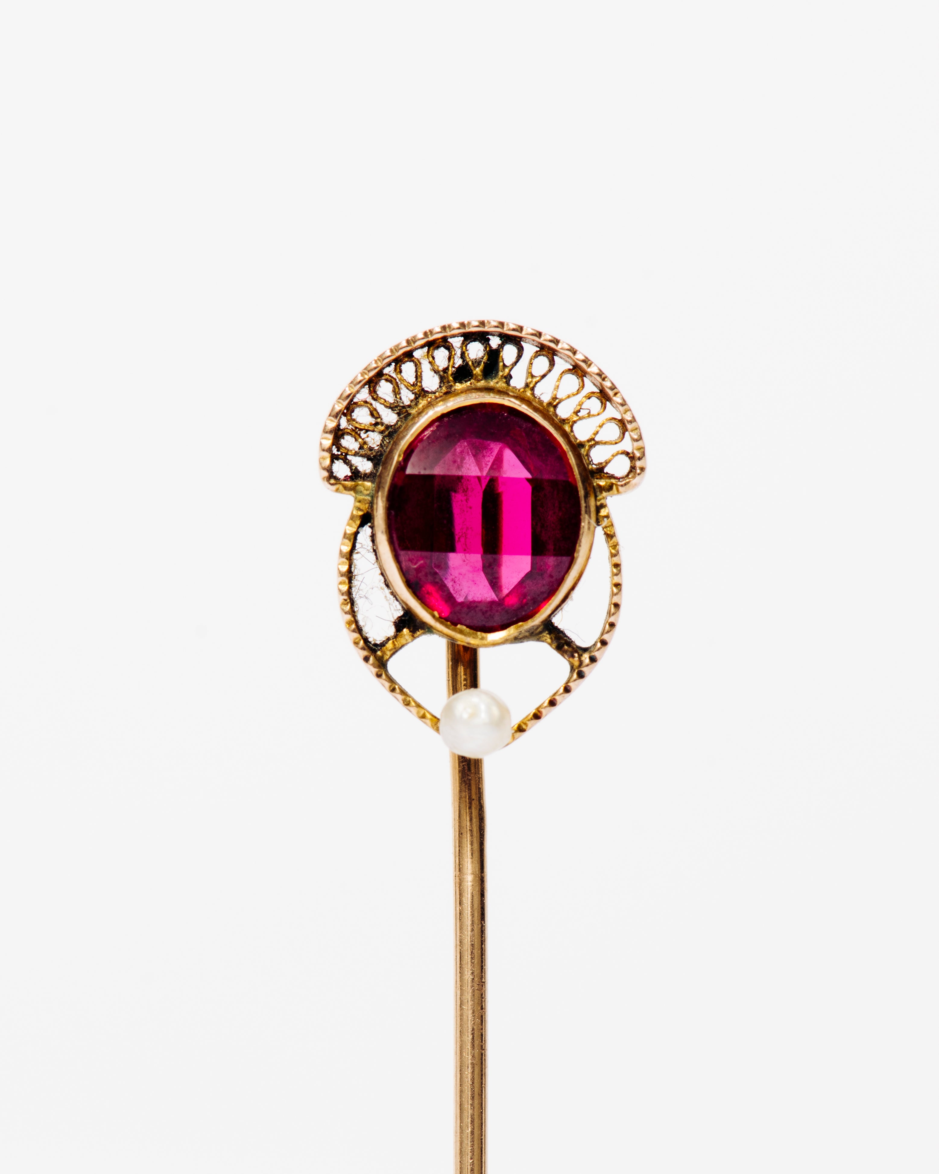 Gold Stick Pin with Ruby Glass and Pearl