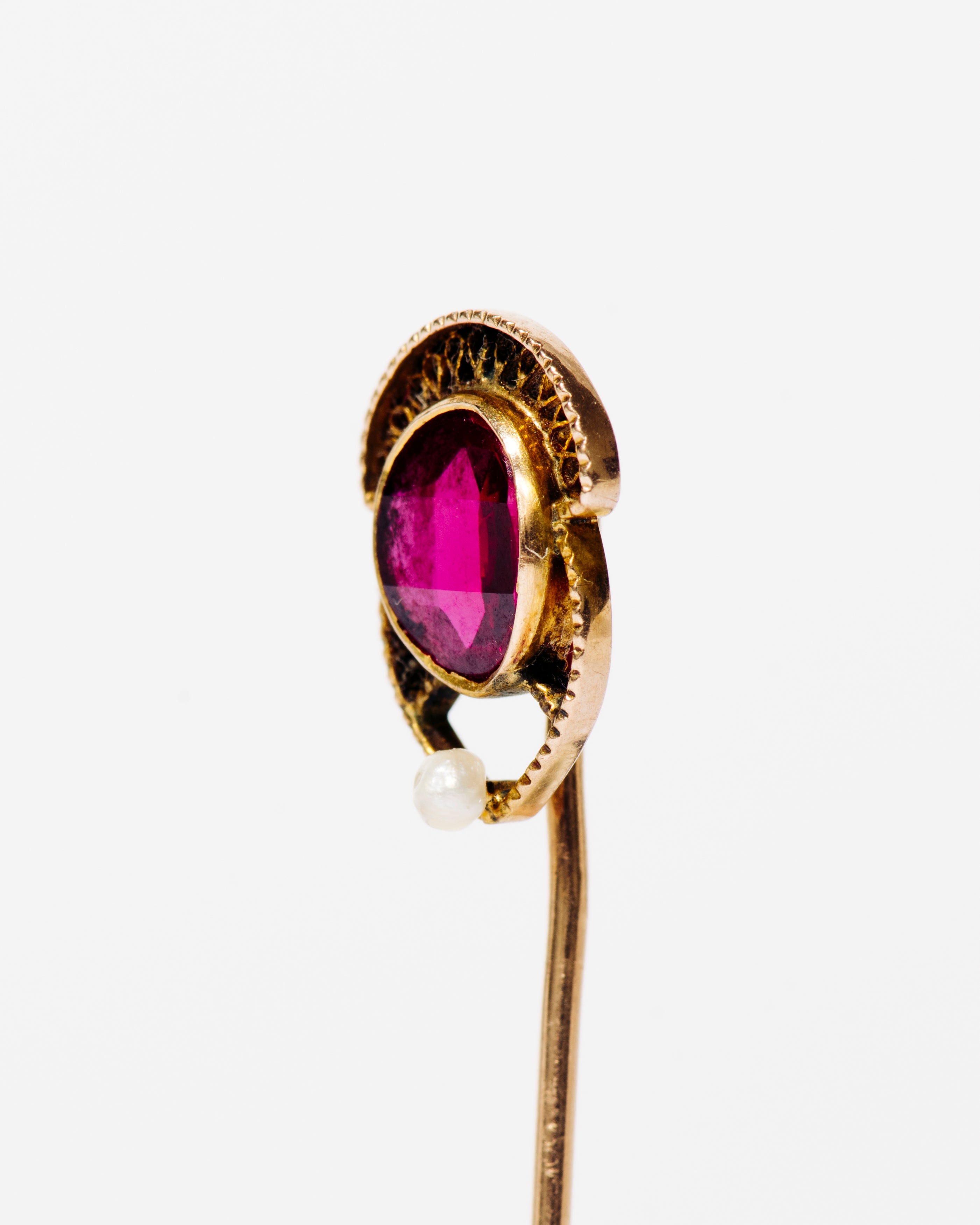 Gold Stick Pin with Ruby Glass and Pearl