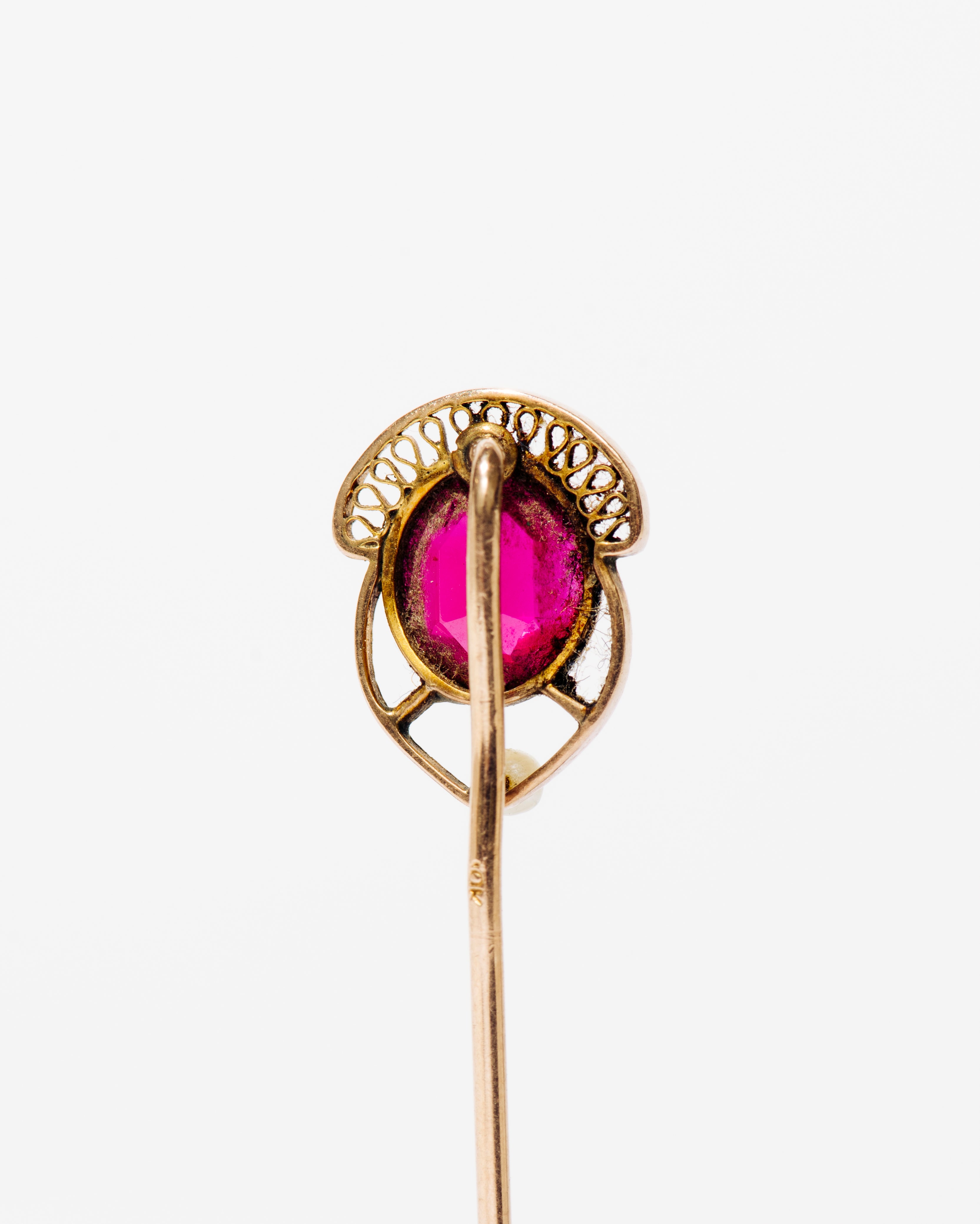 Gold Stick Pin with Ruby Glass and Pearl