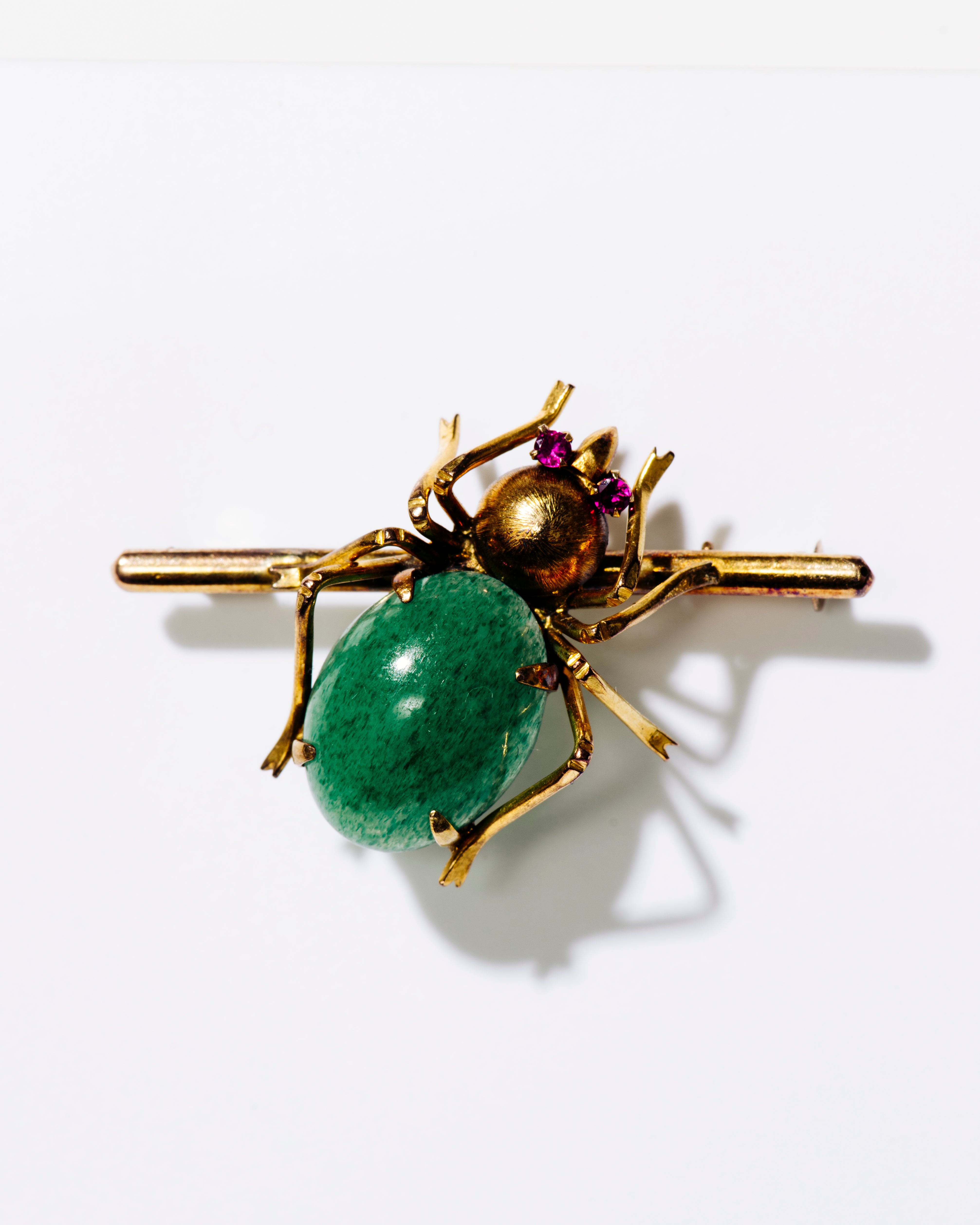 Gold Spider Pin with Aventurine and Ruby Accents