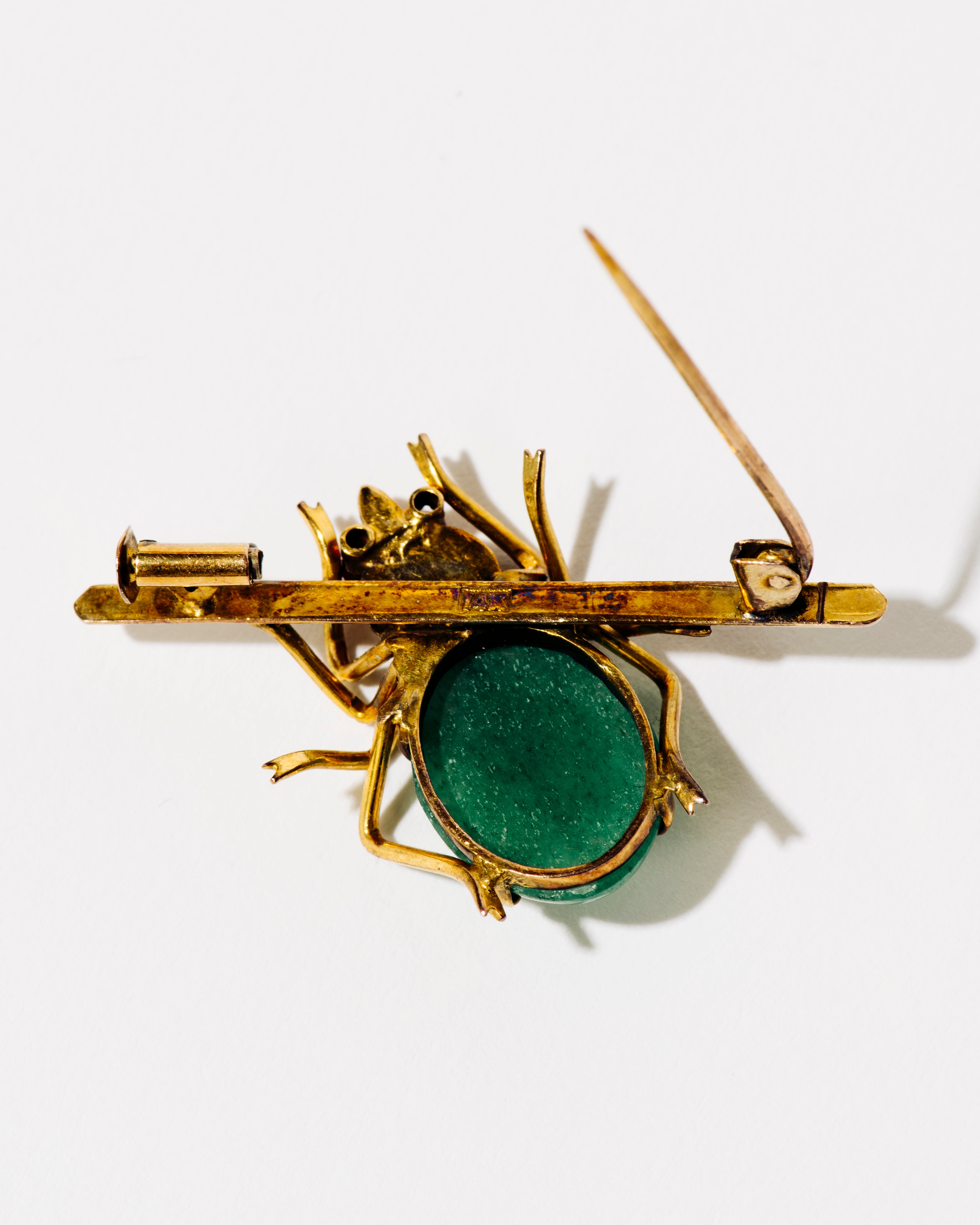 Gold Spider Pin with Aventurine and Ruby Accents