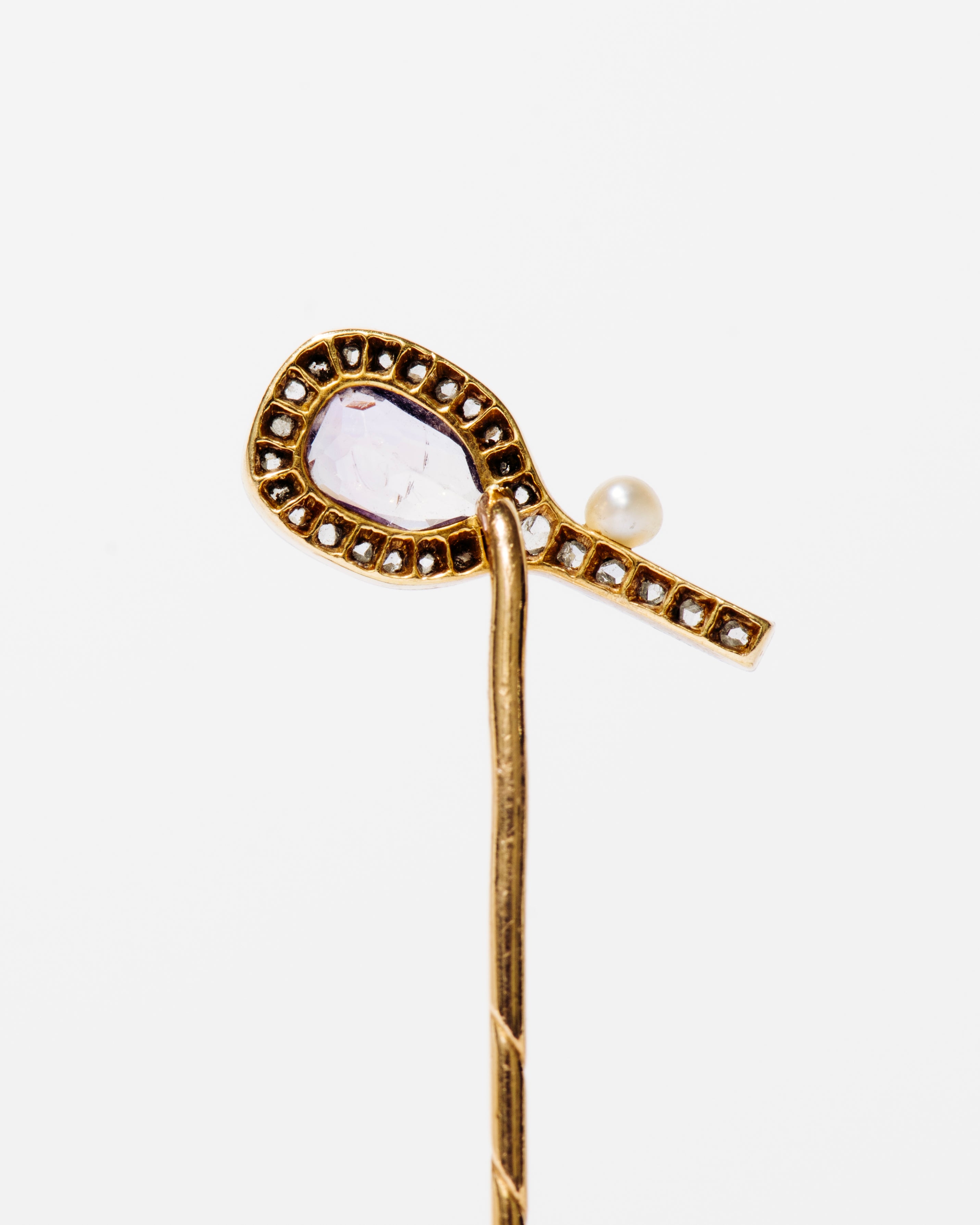 Amethyst, Pearl, and Diamond Tennis Racket Stick Pin