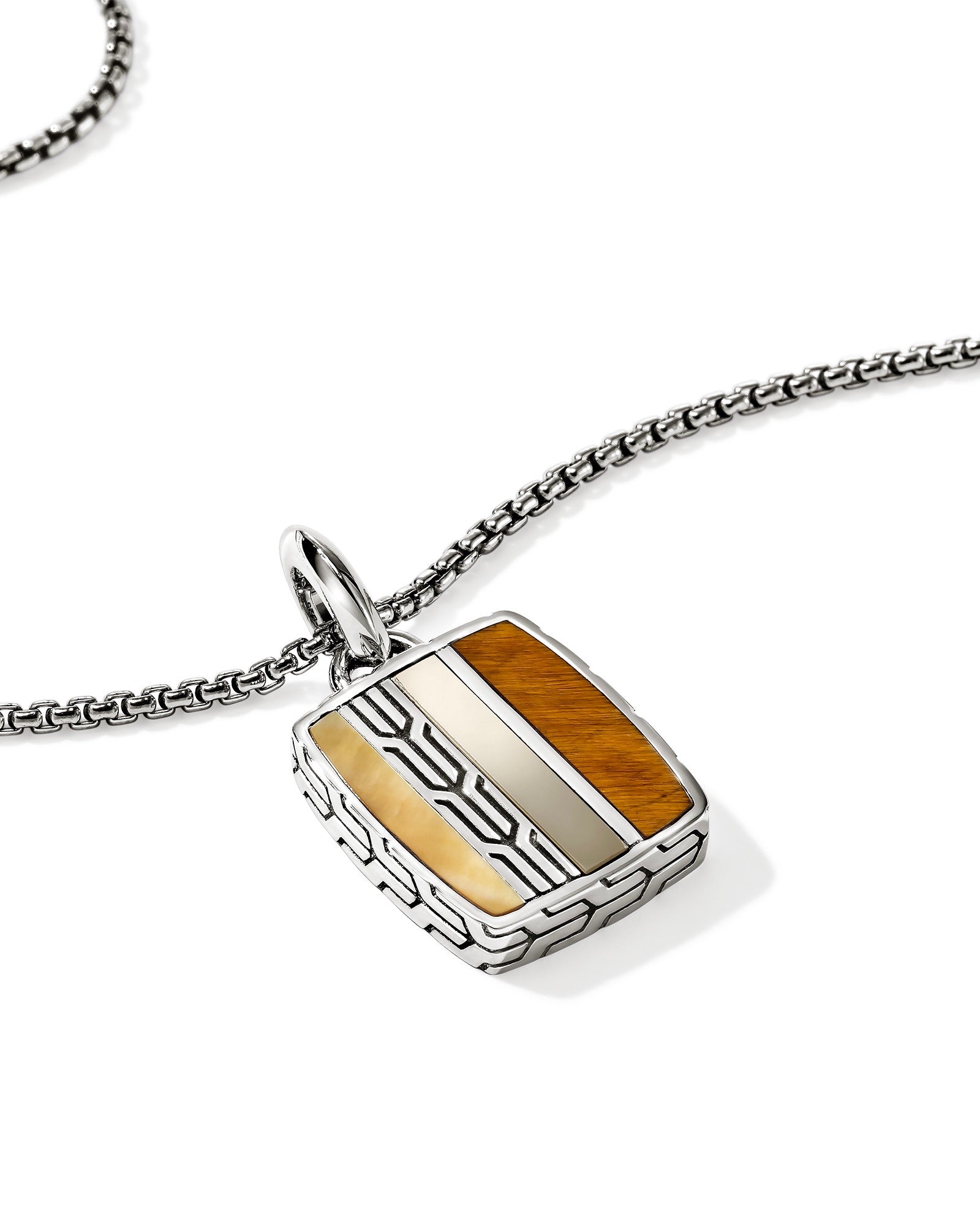 Carved Chain Necklace, Sterling Silver, Hardstones (Tiger Eye)