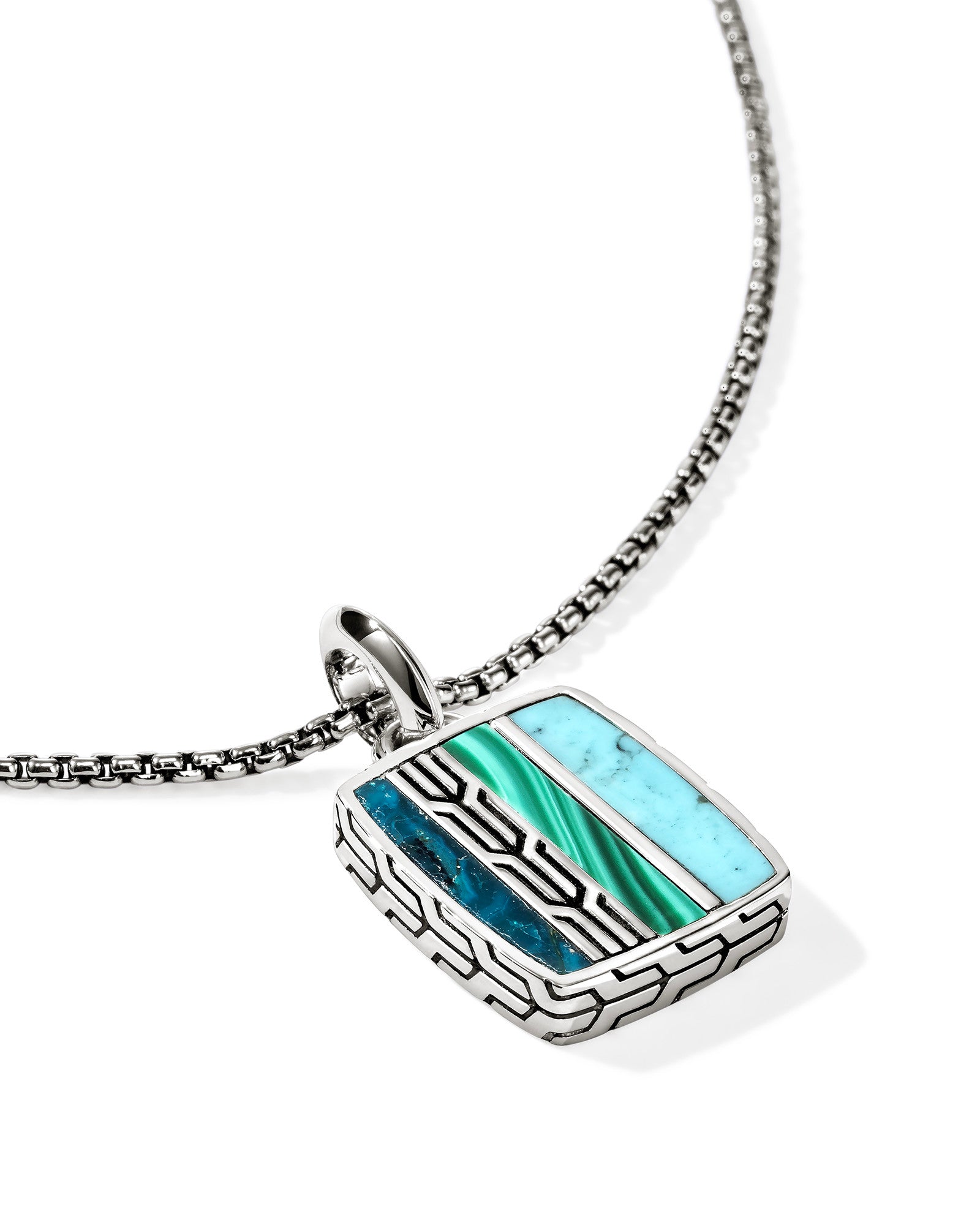 Carved Chain Necklace, Sterling Silver, Hardstones (Turquoise)