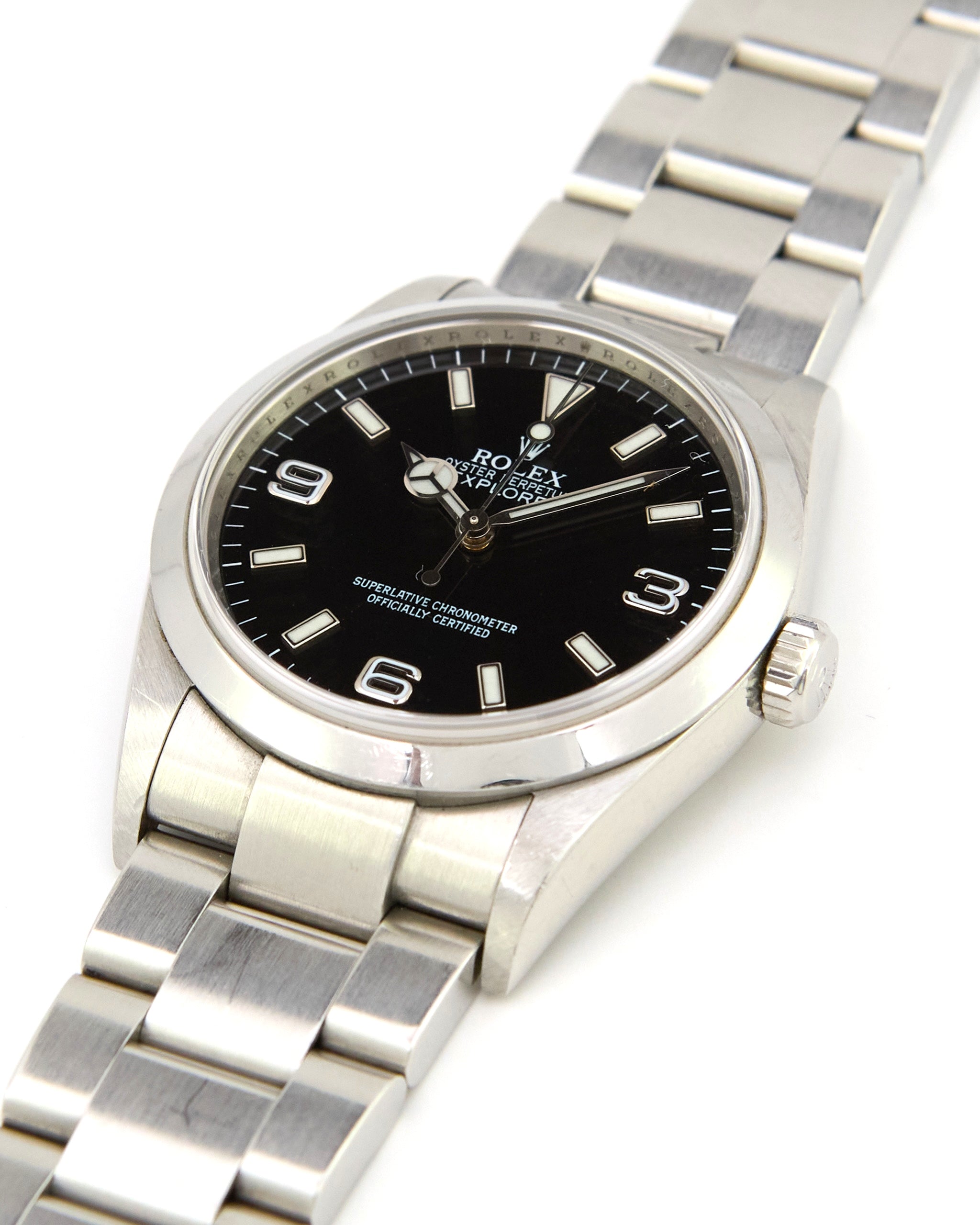 Rolex Explorer I 114270 Black Dial Engraved on Oyster Bracelet with Papers in Unpolished Condition