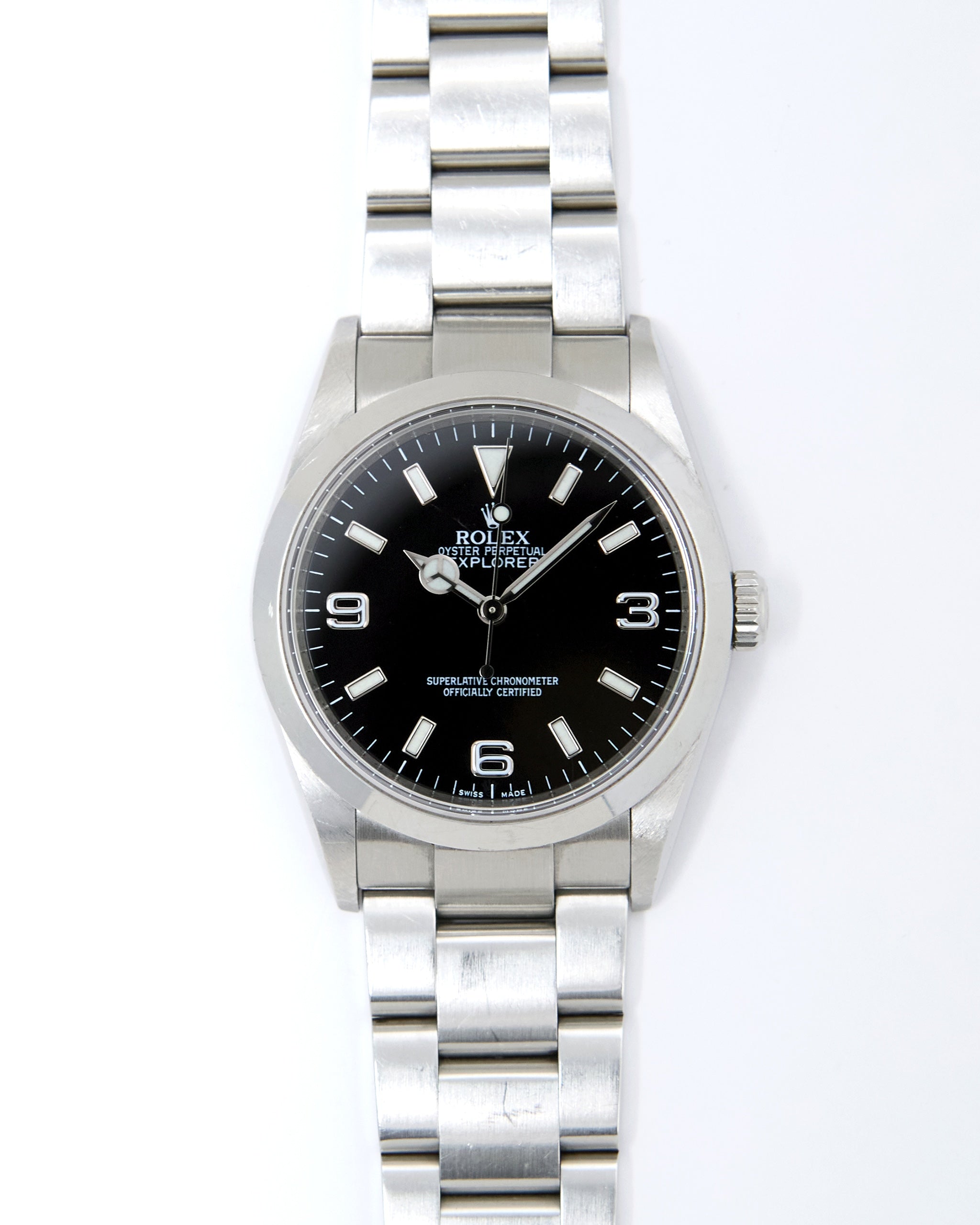Rolex Explorer I 114270 Black Dial Engraved on Oyster Bracelet with Papers in Unpolished Condition
