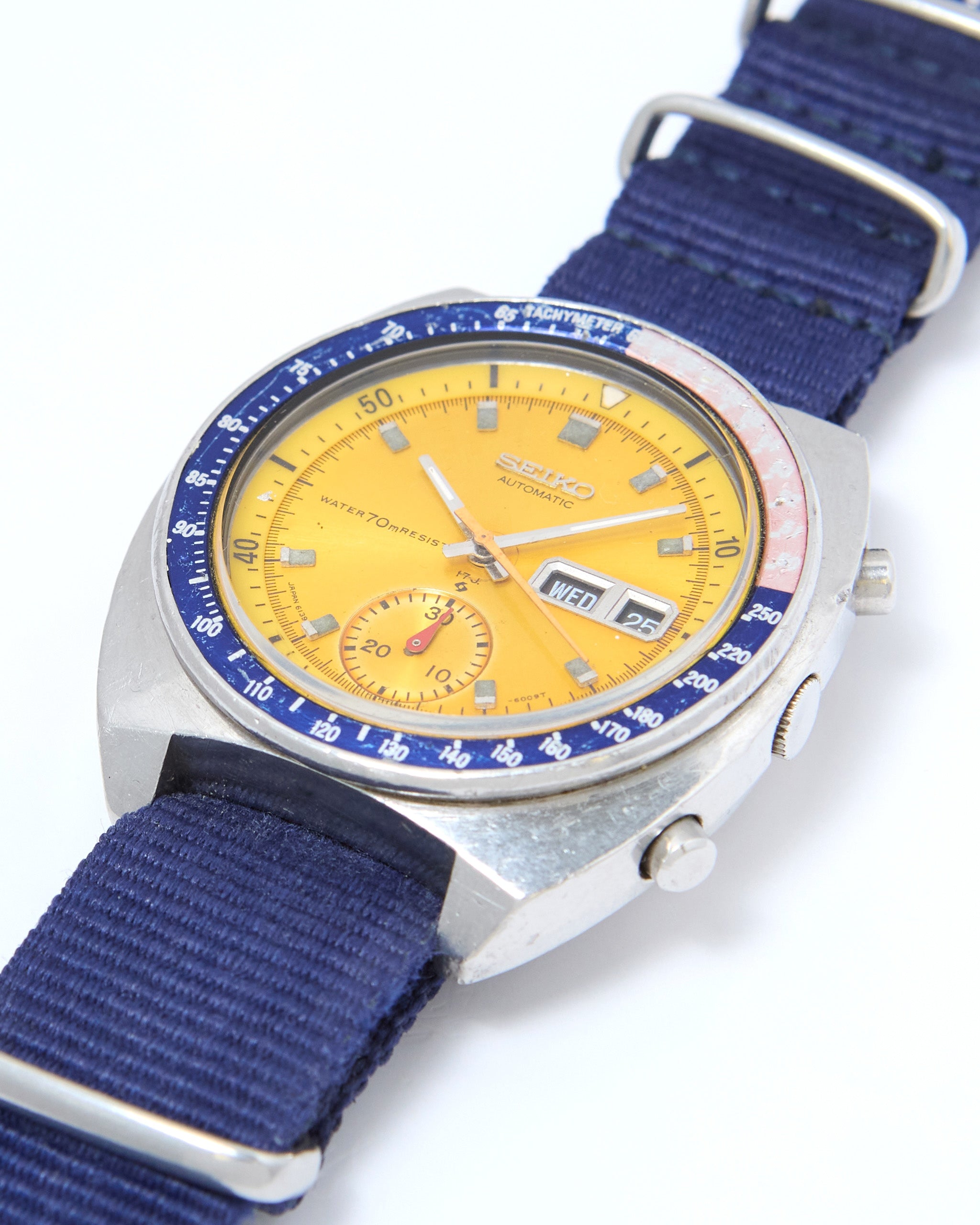 Seiko Pogue Chronograph 6139-6002 Automatic in Steel Case on Blue Nato Strap