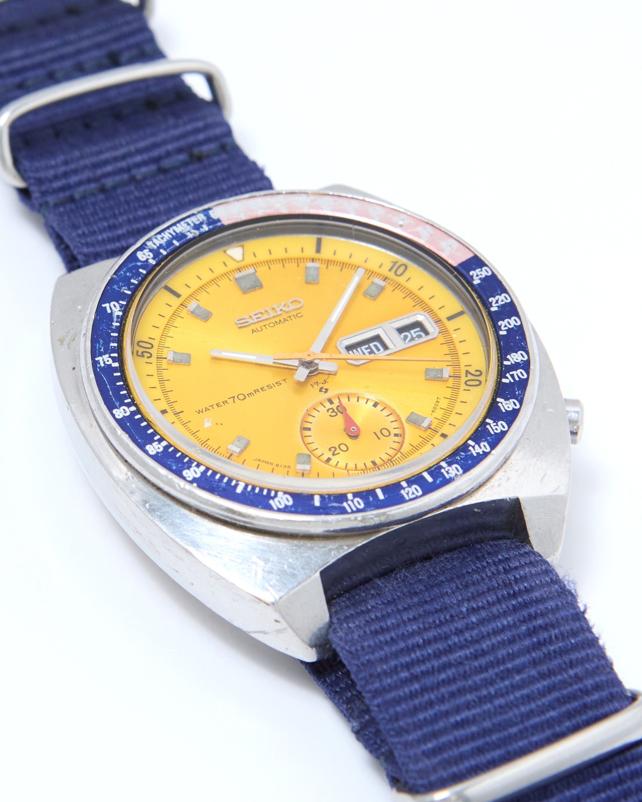 Seiko Pogue Chronograph 6139-6002 Automatic in Steel Case on Blue Nato Strap