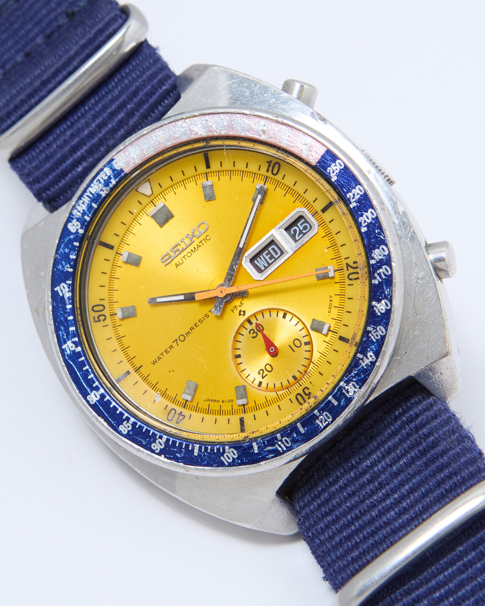 Seiko Pogue Chronograph 6139-6002 Automatic in Steel Case on Blue Nato Strap