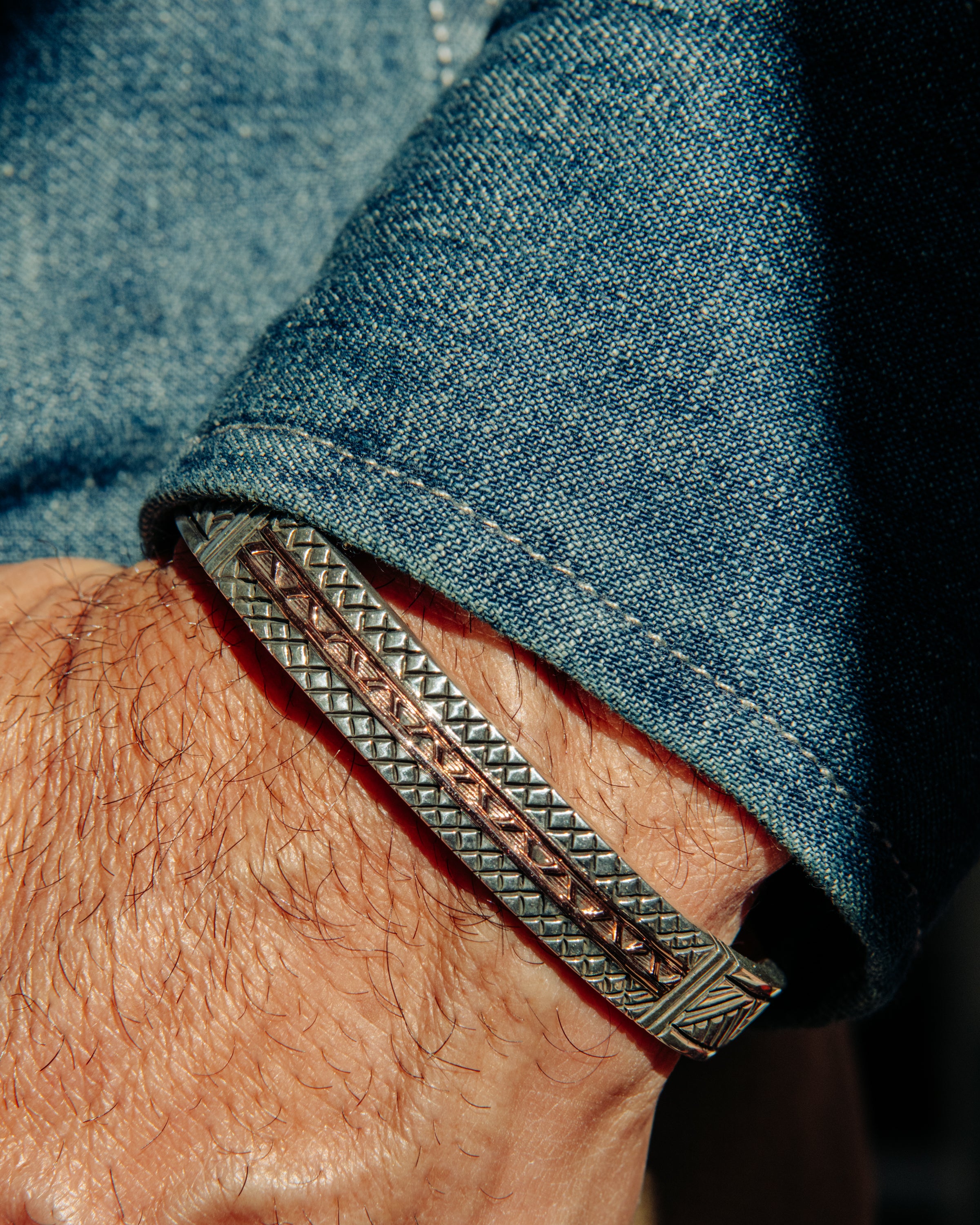 Sterling Silver Basket Weave Cuff with Rose Gold Accent