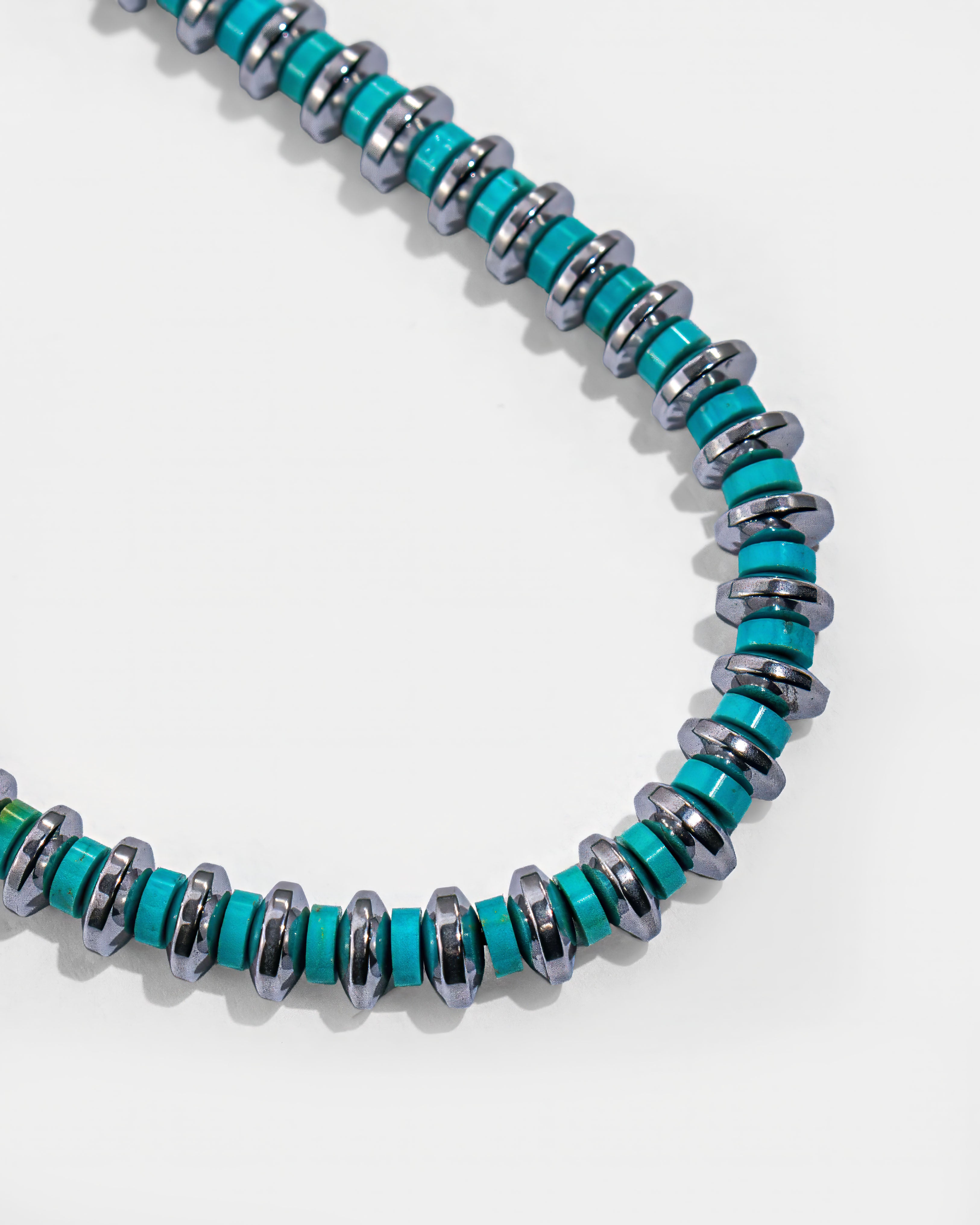 Hematite Roundel Beads Necklace with Turquoise Mix