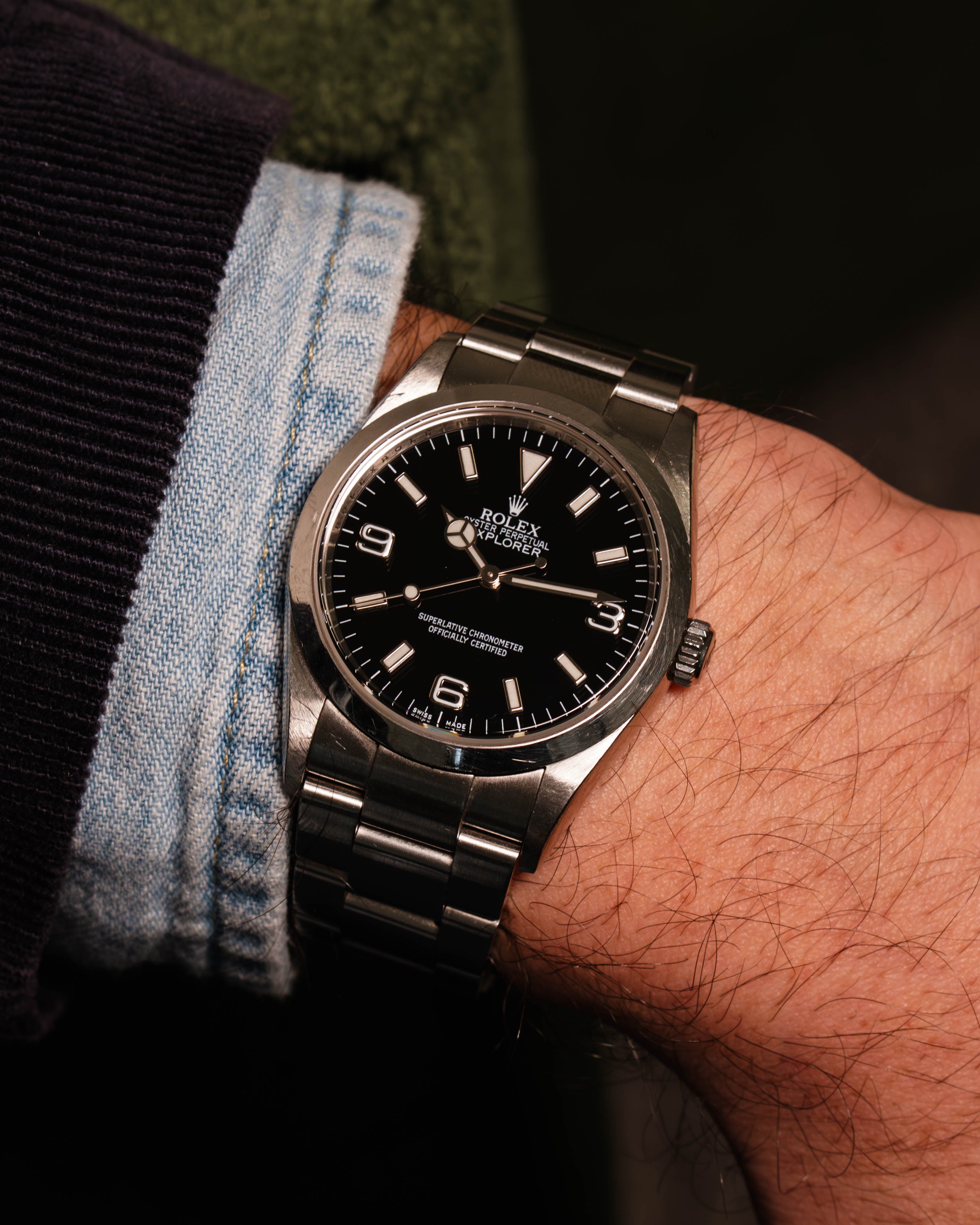 Rolex Explorer I 114270 Black Dial Engraved on Oyster Bracelet with Papers in Unpolished Condition