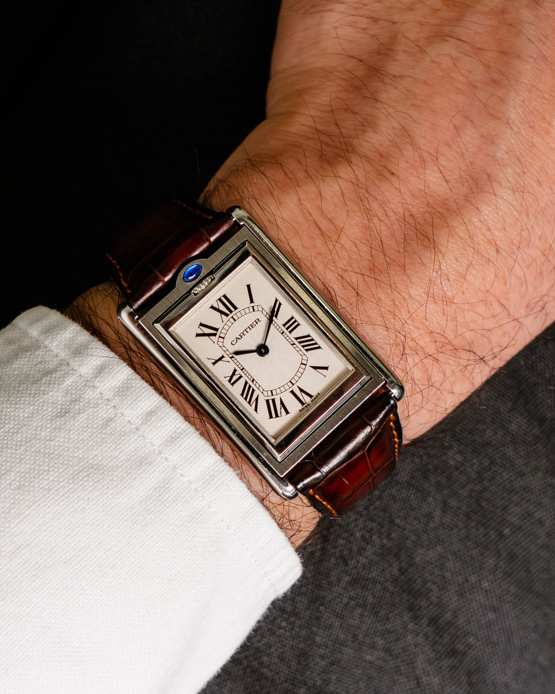 Cartier Tank Basculante 2390 Large Mechanical in Steel Case with Cartier Leather Strap and Cartier Deployant
