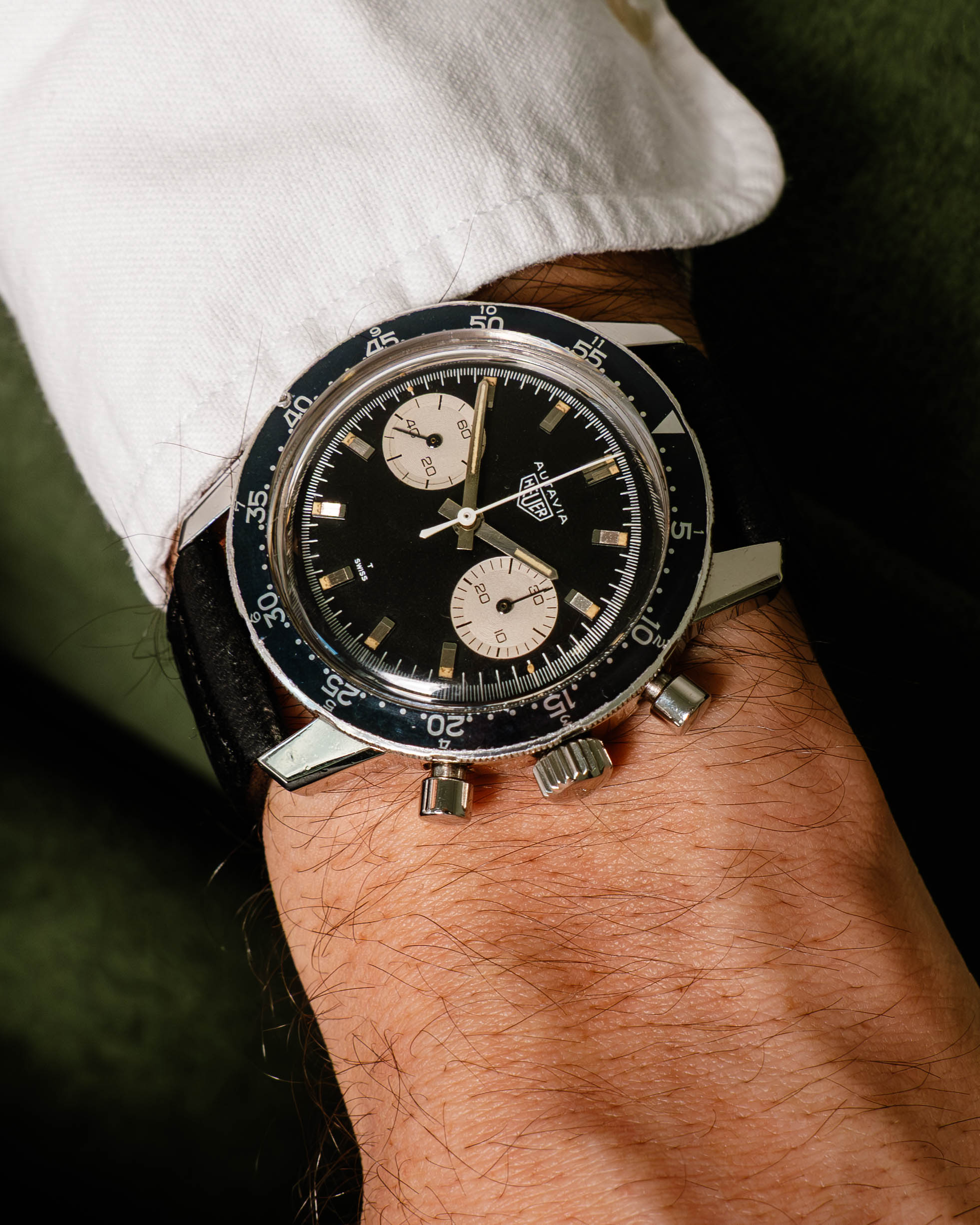 Heuer Autavia Chronograph 7763 Faded Black Bezel in Steel Case on Leather Strap with Heuer Buckle