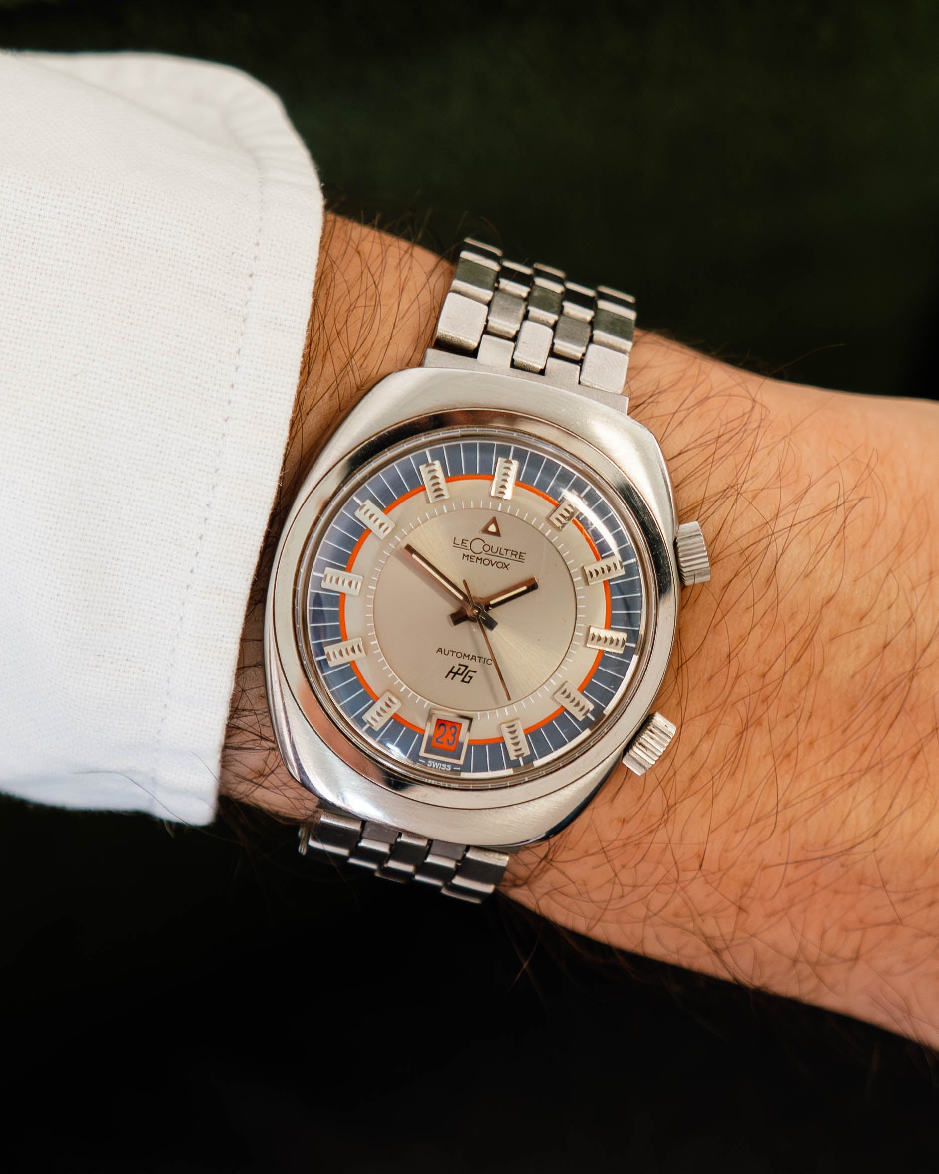 Jaeger-LeCoultre Memovox HPG Alarm 916 Tonneau with Tri Color Dial in Steel Case and Bracelet