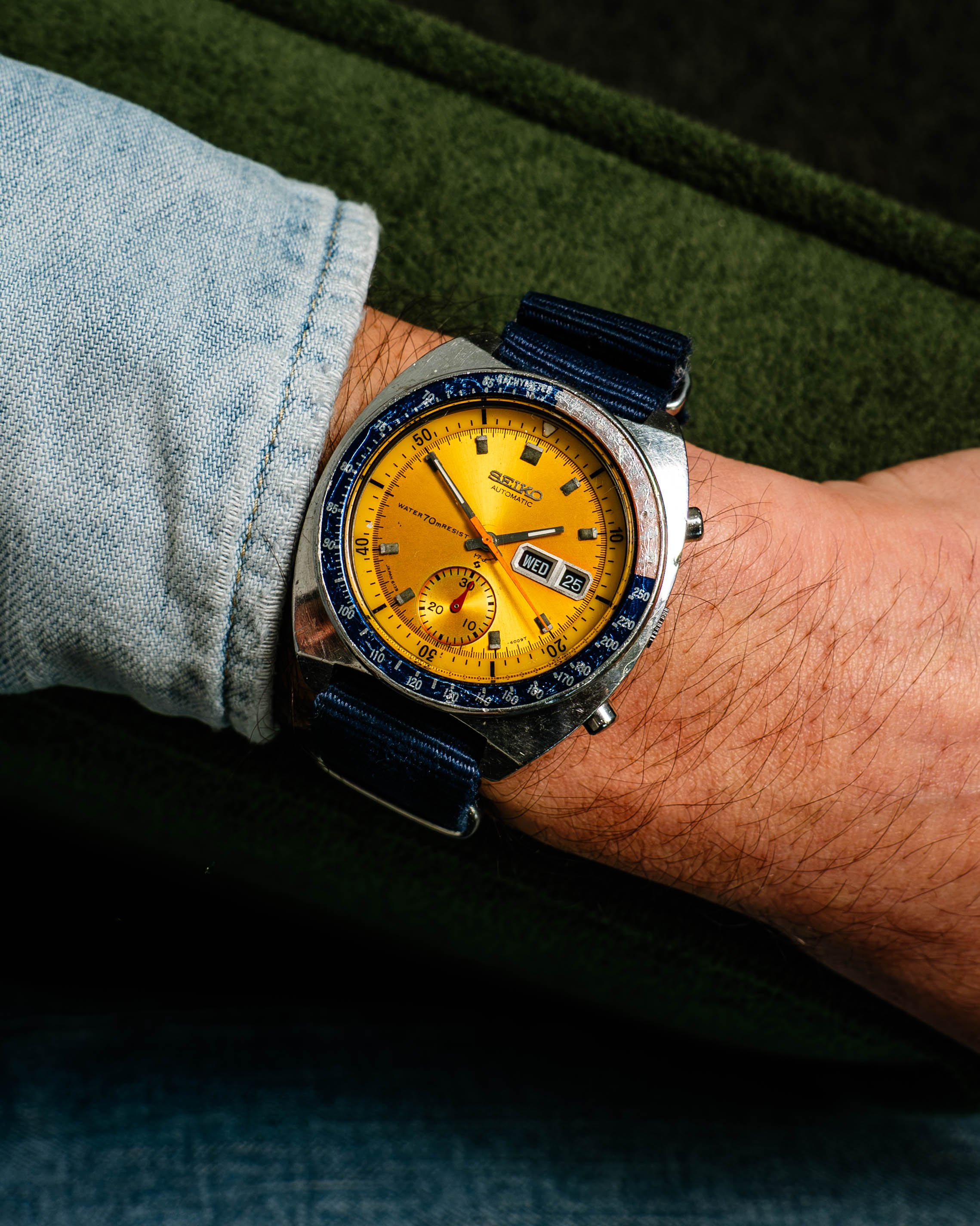 Seiko Pogue Chronograph 6139-6002 Automatic in Steel Case on Blue Nato Strap