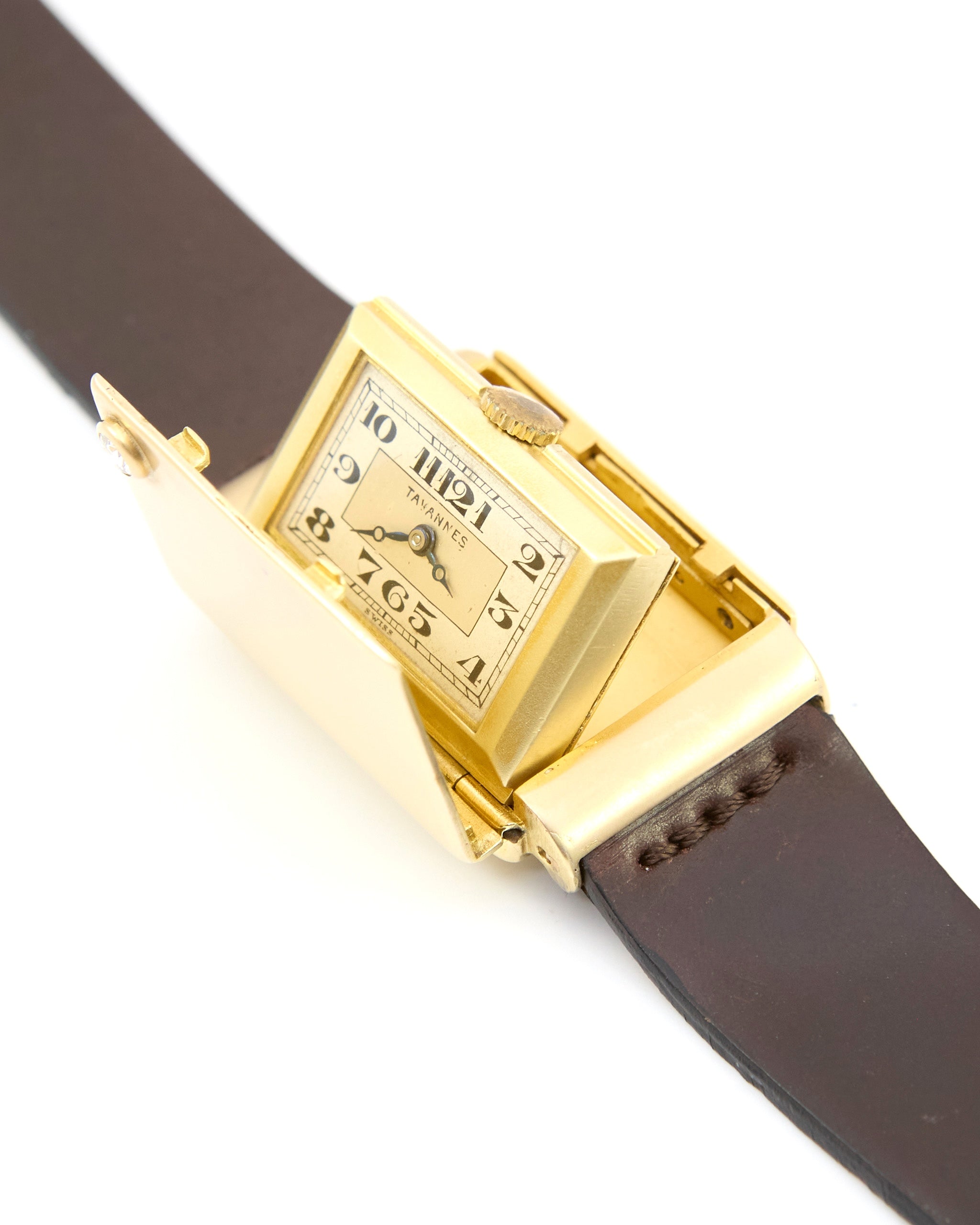 Tavannes Hidden Watch in Yellow Gold Case on Leather Strap