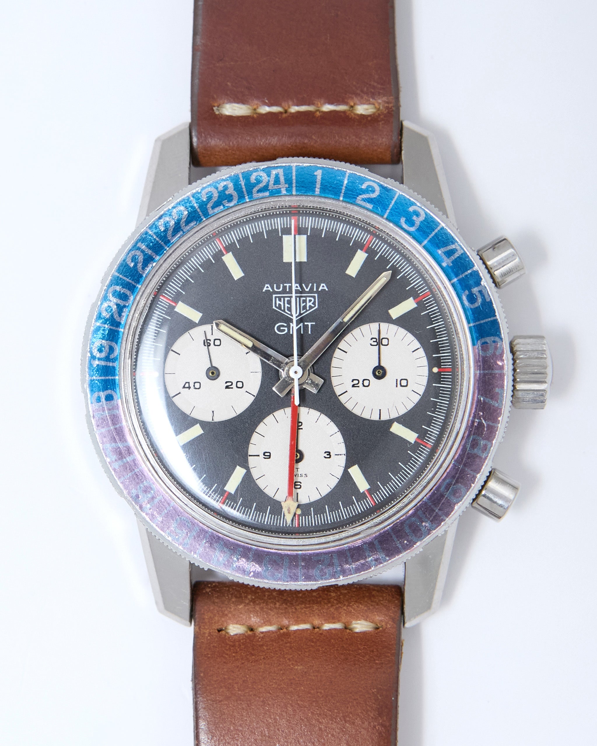 Heuer Autavia GMT Chronograph 2446C with Faded "Pepsi" Bezel in Steel Case on Leather Strap and Buckle