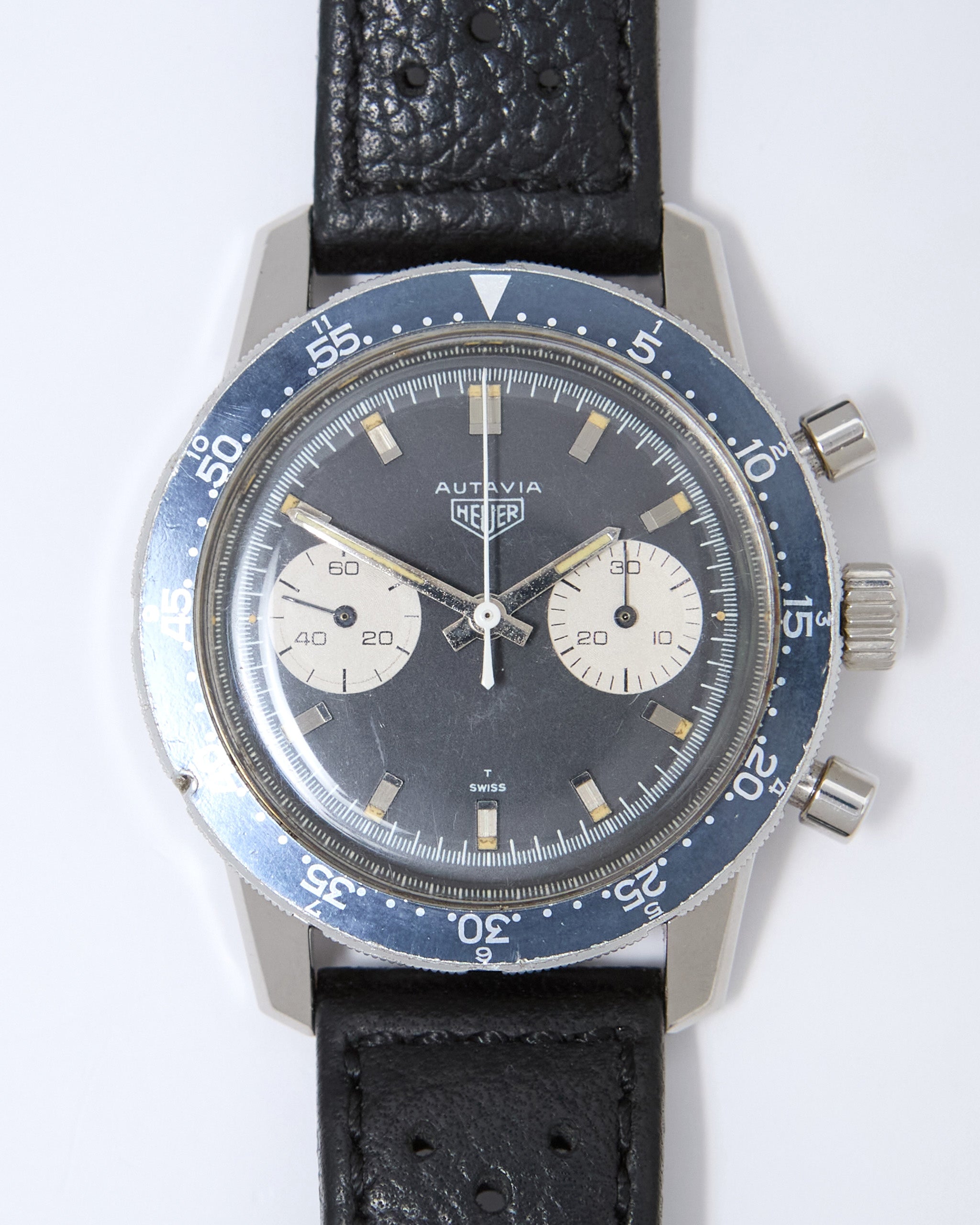 Heuer Autavia Chronograph 7763 Faded Black Bezel in Steel Case on Leather Strap with Heuer Buckle