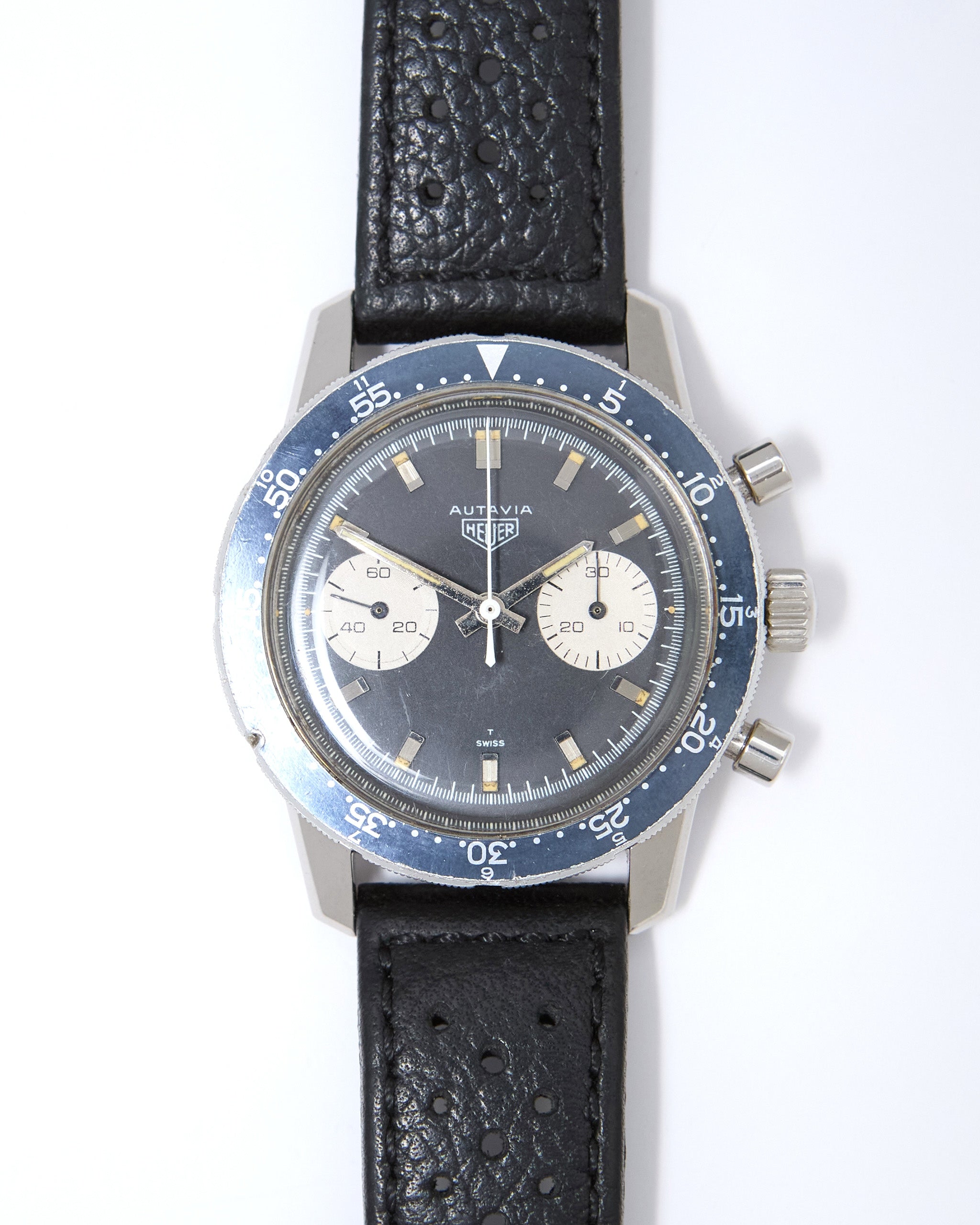 Heuer Autavia Chronograph 7763 Faded Black Bezel in Steel Case on Leather Strap with Heuer Buckle